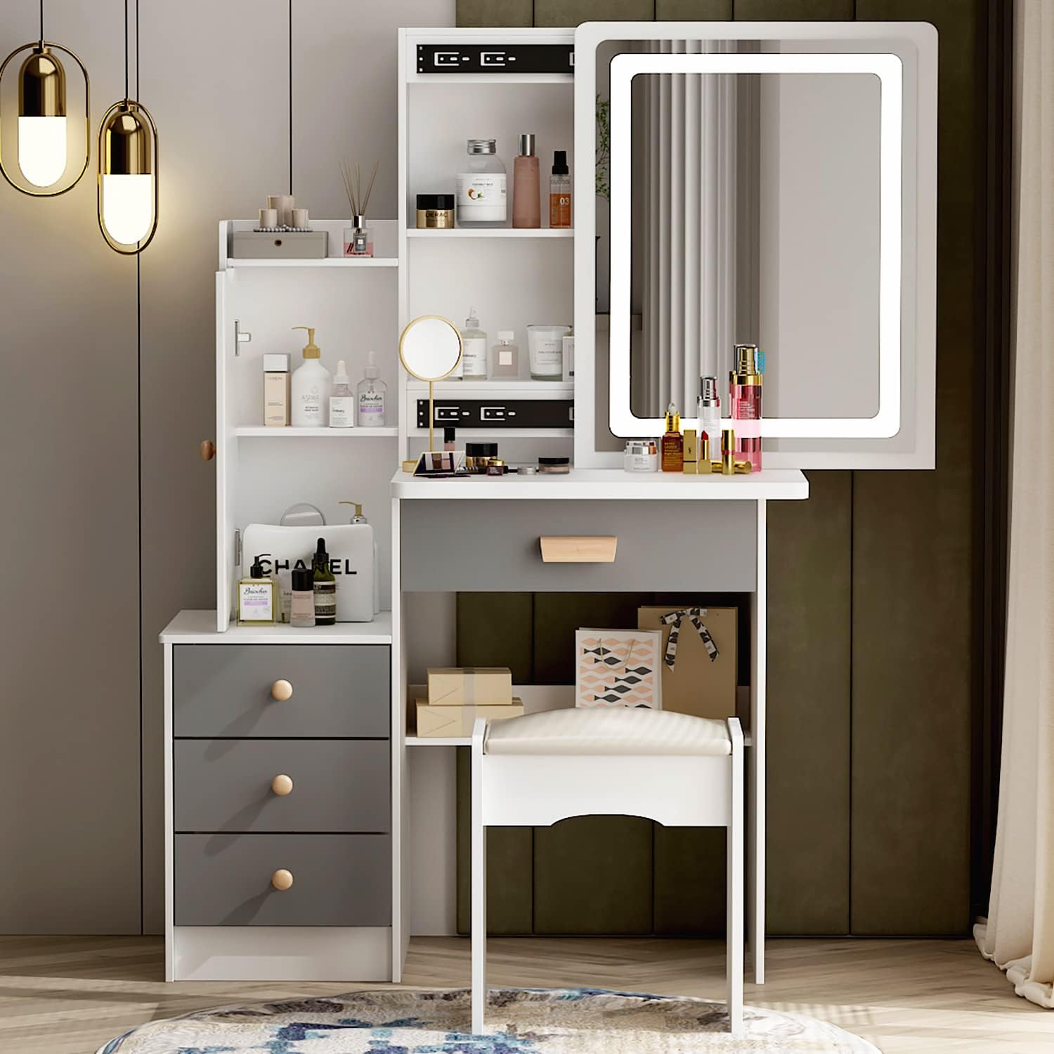 Small Vanity Table Makeup Vanity Dressing Table with Mirror, 4 Drawers & Shelves, Dressing Desk and Cushioned Stool Set (White/Grey, Slidding Lighted Mirror)
