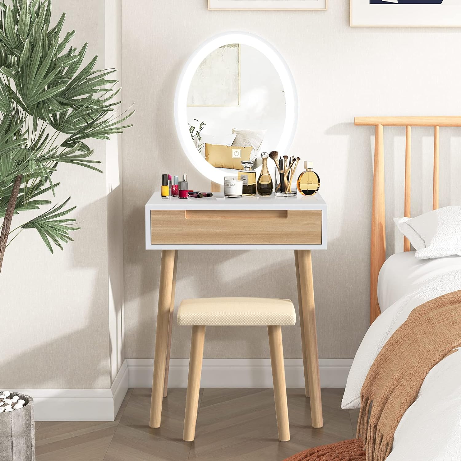 YOURLITE Makeup Vanity Table Set with 3 Modes Adjustable Lighted Mirror Cushioned Stool, Dressing Table for Small Space