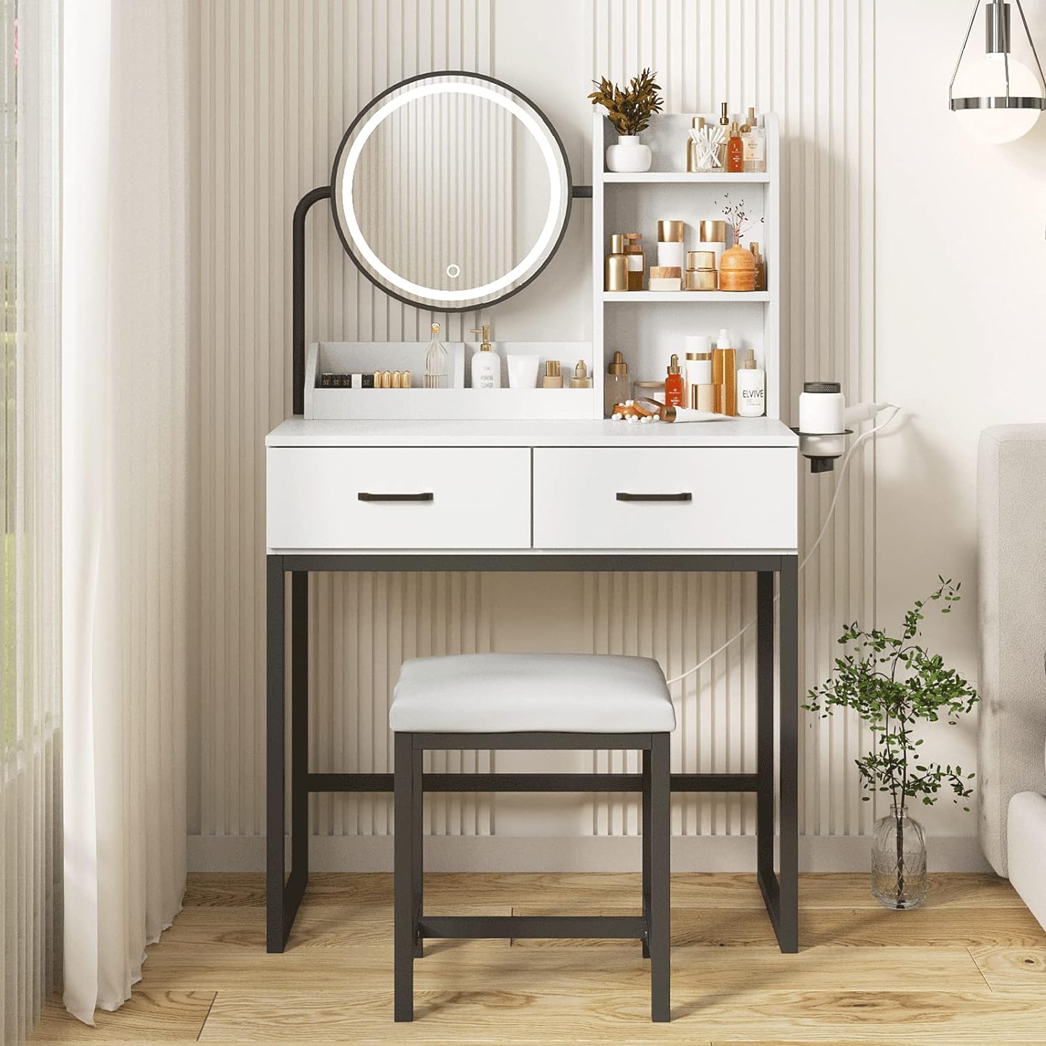 Makeup Vanity Desk with Mirror and Lights, Cute Vanity Makeup Table, Small Vanity Table for Bedroom with Lots Storage, 3 Lighting Modes, 31.5in(L)