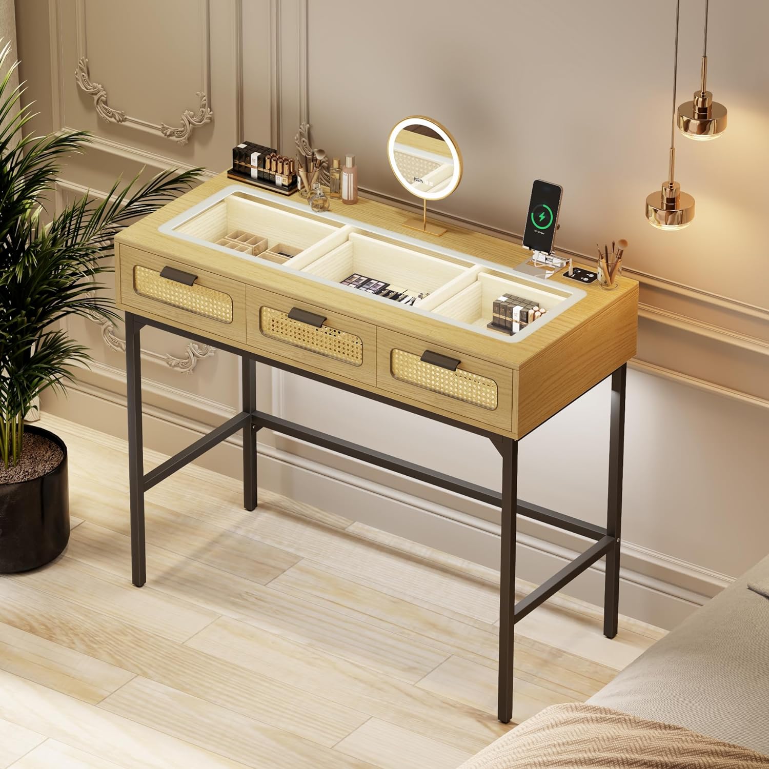 Makeup Vanity with LED Lights - Vanity Desk with Glass Top Design & Charging Station, Wooden Makeup Table with Rattan Drawers, Bedroom Furniture Dressing Table Office Desk