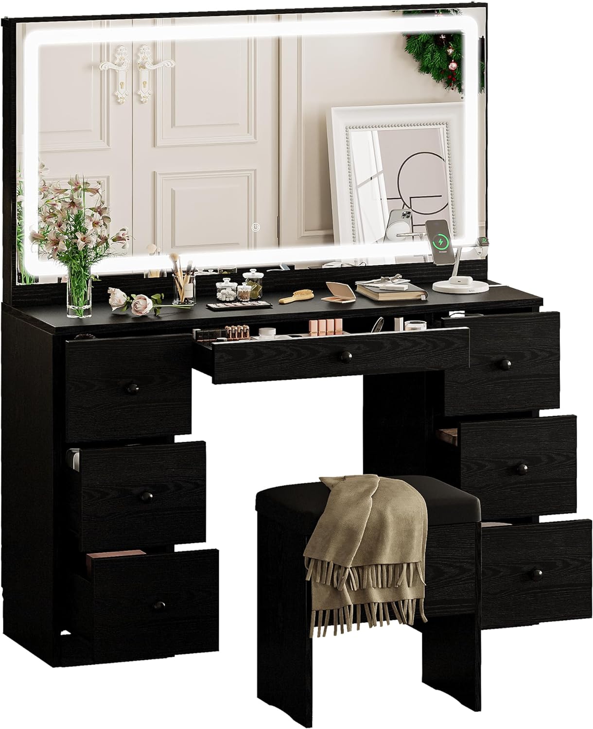 IRONCK Vanity Makeup Desk Set with LED Lighted Mirror & Power Outlet, 7 Drawers Bedroom Vanities Table with Stool,Black