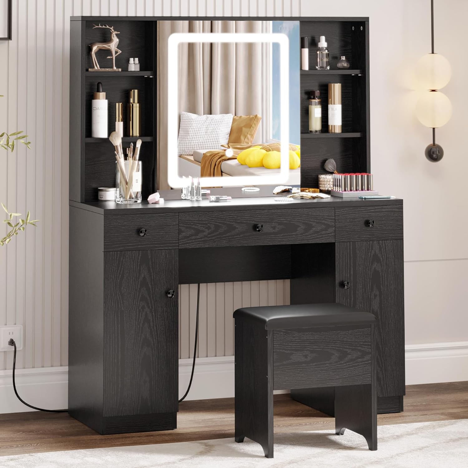 IRONCK Vanity Desk Set with Large LED Lighted Mirror & Power Outlet, 7 Drawers Vanities Dressing Makeup Table with Storage Bench, for Bedroom, Industrial Style Black