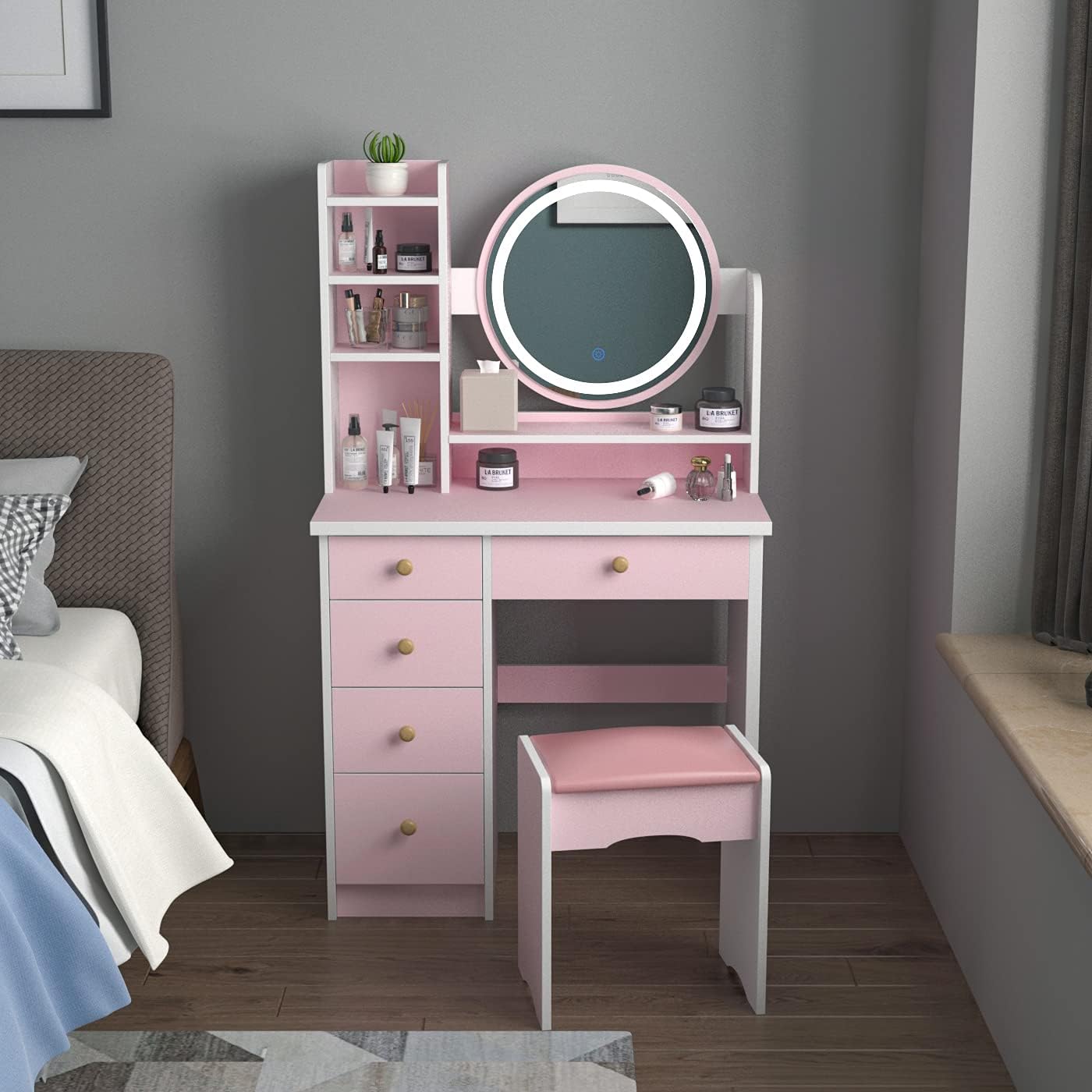 FUFU&GAGA Vanity Set with Round Mirror, Makeup Vanity Dressing Table with 5 Drawers, Shelves, Dresser Desk and Cushioned Stool Set (Pink/Lighted Mirror)