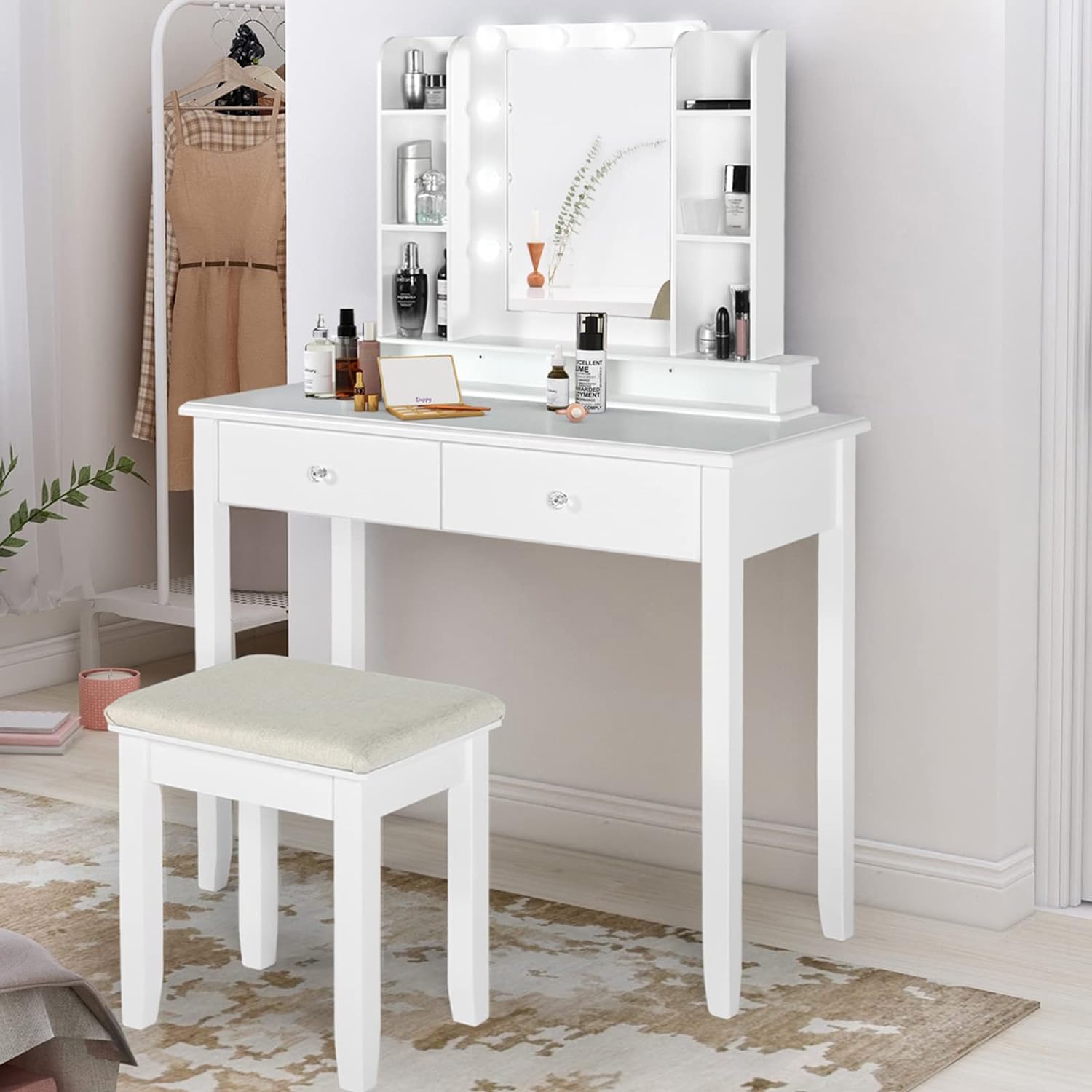 AODAILIHB Vanity Desk with Mirror and Lights, 35 Makeup Vanity Dressing Table with Vanity Stool/2 Drawers/Open Shelves/3 Color Lighting Modes & Brightness Bedroom Furniture (White)