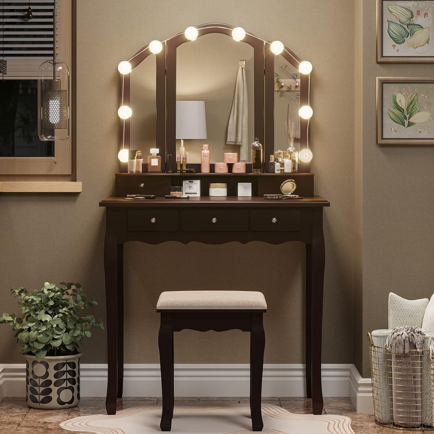 Tiptiper Vanity Desk, Makeup Vanity Set with Lighted Mirror and Stool, Dressing Table with 5 Drawers, 3 Light Settings & Adjustable Brightness, Espresso