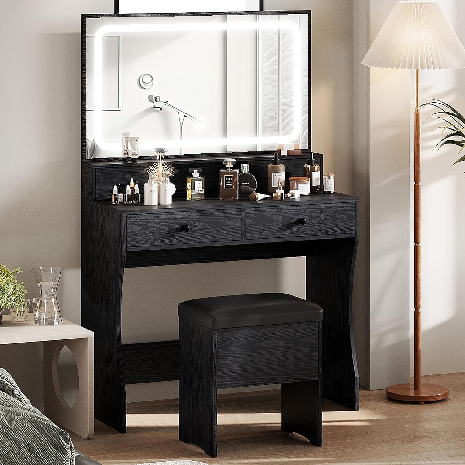 IRONCK Vanity Desk Set with LED Lighted Mirror & Power Outlet, Makeup Vanity Table with 4 Drawers,Storage Bench,for Bedroom, Bathroom, Black