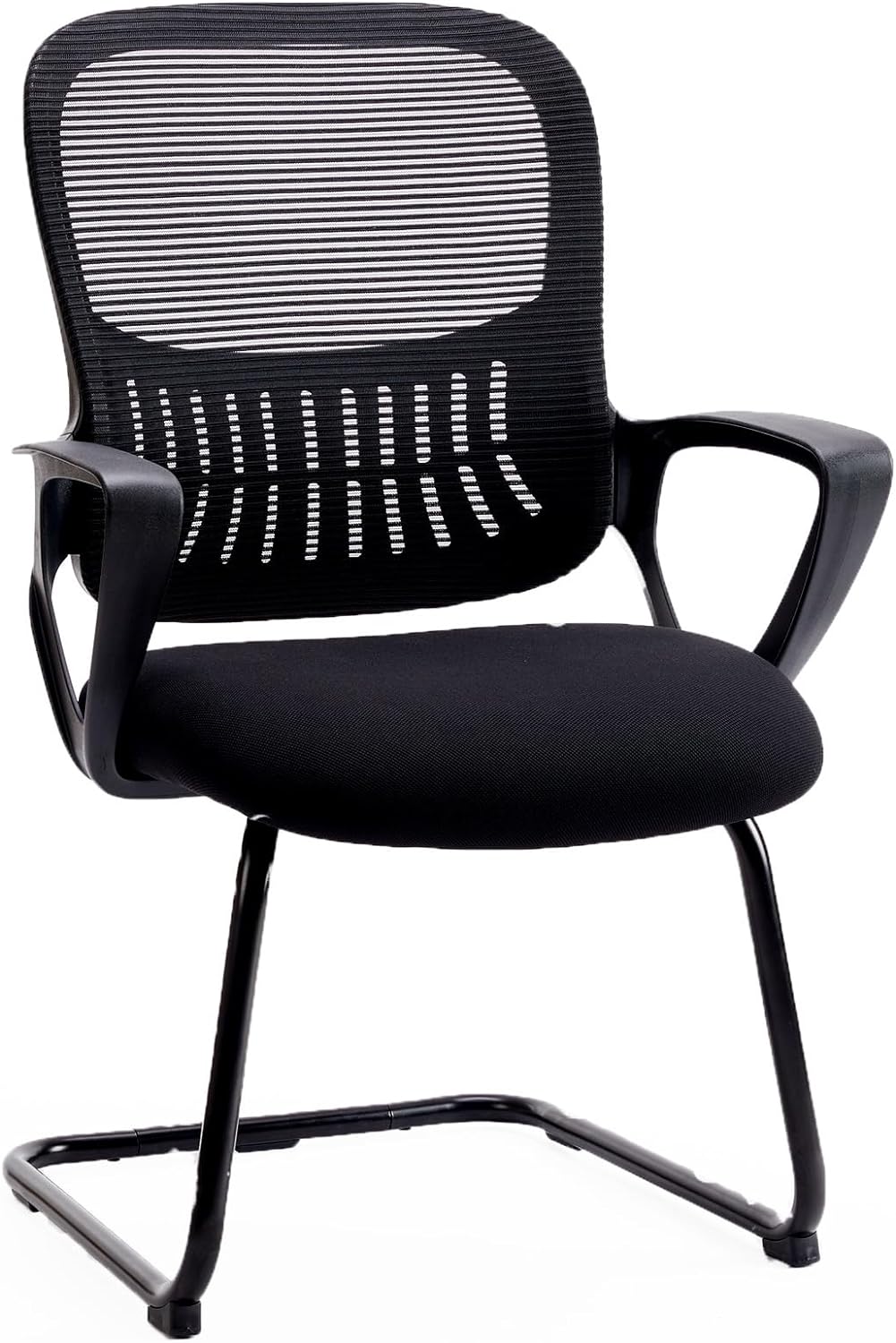 Desk Chair No Wheels, Mid Back Computer Chair Ergonomic Mesh Office Chair with Larger Seat, Executive Sled-Base Task Chair with Lumbar Support and Armrests for Women Adults, Black