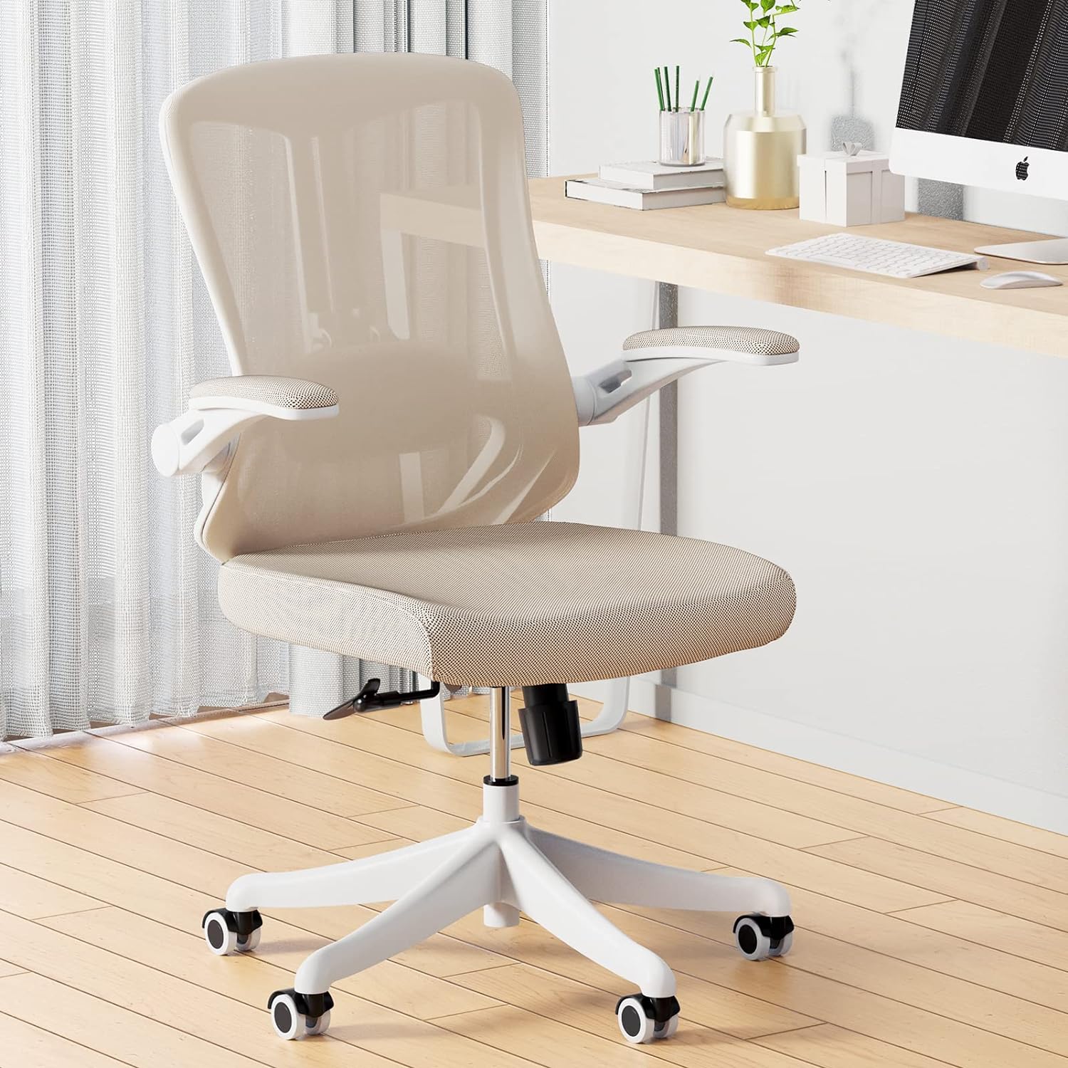 Ergonomic Chairs For Home Office Desk , Breathable Mid-Back Comfortable Mesh Computer Chair with PU Silent Wheels, Flip-up Armrests, Tilt Function, Lumbar Support (Khaki)