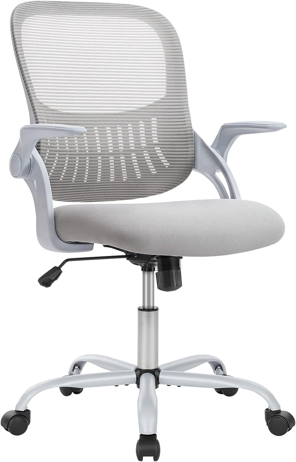 Sweetcrispy Office Computer Desk Chair, Ergonomic Mid-Back Mesh Rolling Work Swivel Task Chairs with Wheels, Comfortable Lumbar Support, Comfy Flip-up Arms for Home, Bedroom, Study, Student, Grey