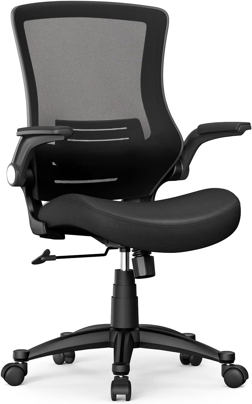 Ergonomic Mesh Office Chair Mid Back Swivel Desk Chair Black Computer Chair with Flip-Up Armrests Lumbar Support Adjustable Height Task Chairs