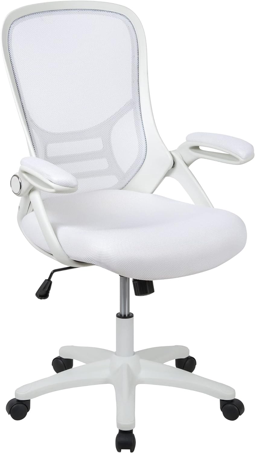 Flash Furniture Porter High-Back Swivel Office Chair with Adjustable Lumbar Support and Seat Height, Ergonomic Mesh Desk Chair with Flip-Up Armrests, White