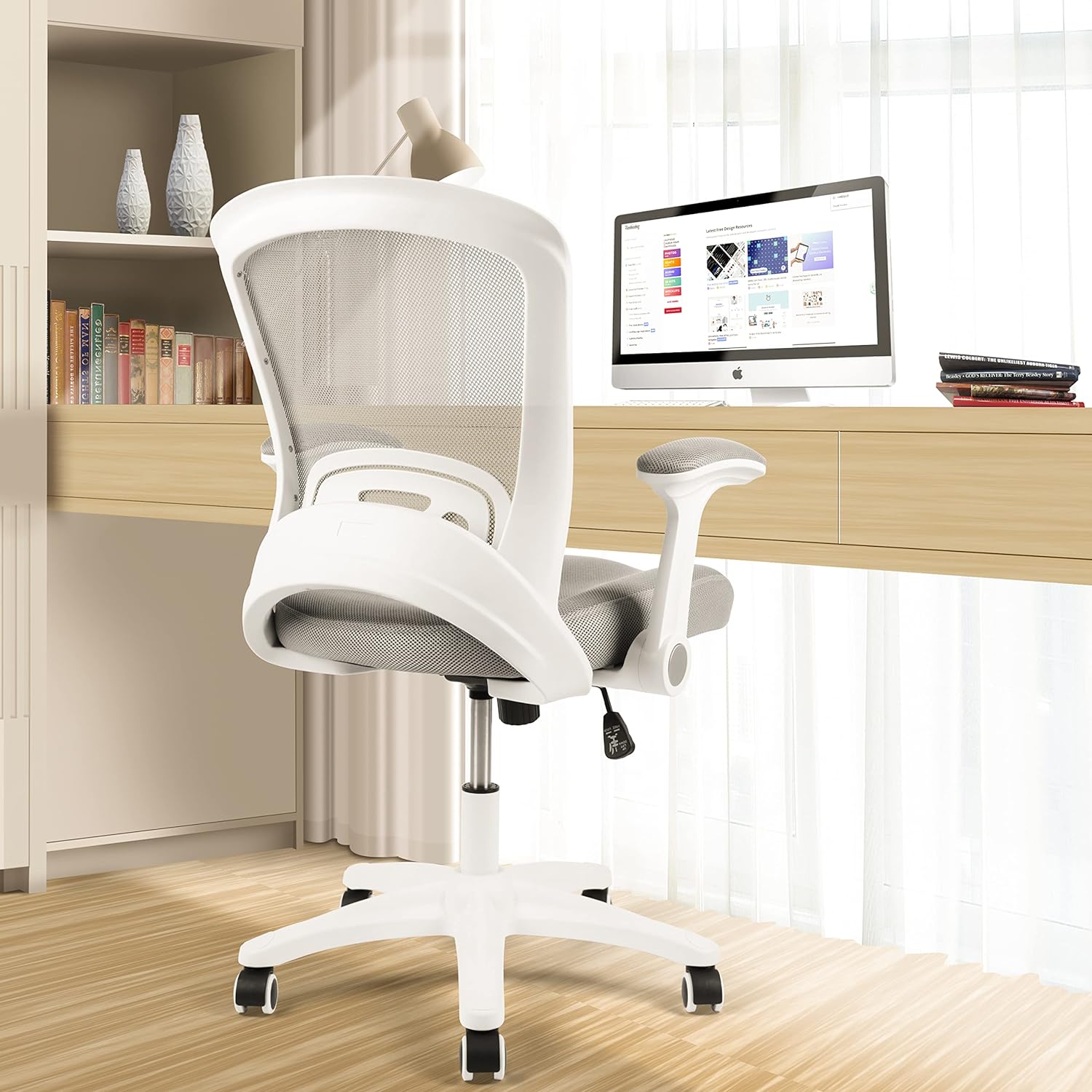 HYLONE Office Chair, White Computer Desk Chair, Mid-Back Task Chair Swivel, Flip-up Arms, Lumbar Support, Adjustable Height, Grey Mesh