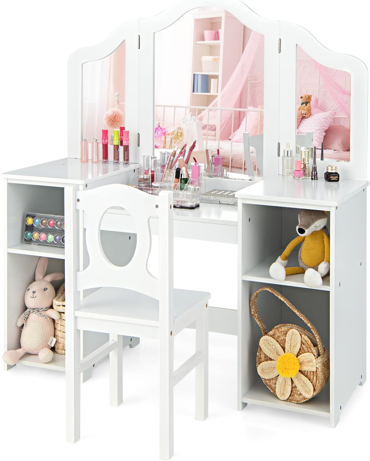 INFANS Kids Vanity, 2 in 1 Princess Makeup Desk & Chair Set with Tri-Folding Detachable Mirror, Large Storage Shelves, Wooden Pretend Play Dressing Table for Girls