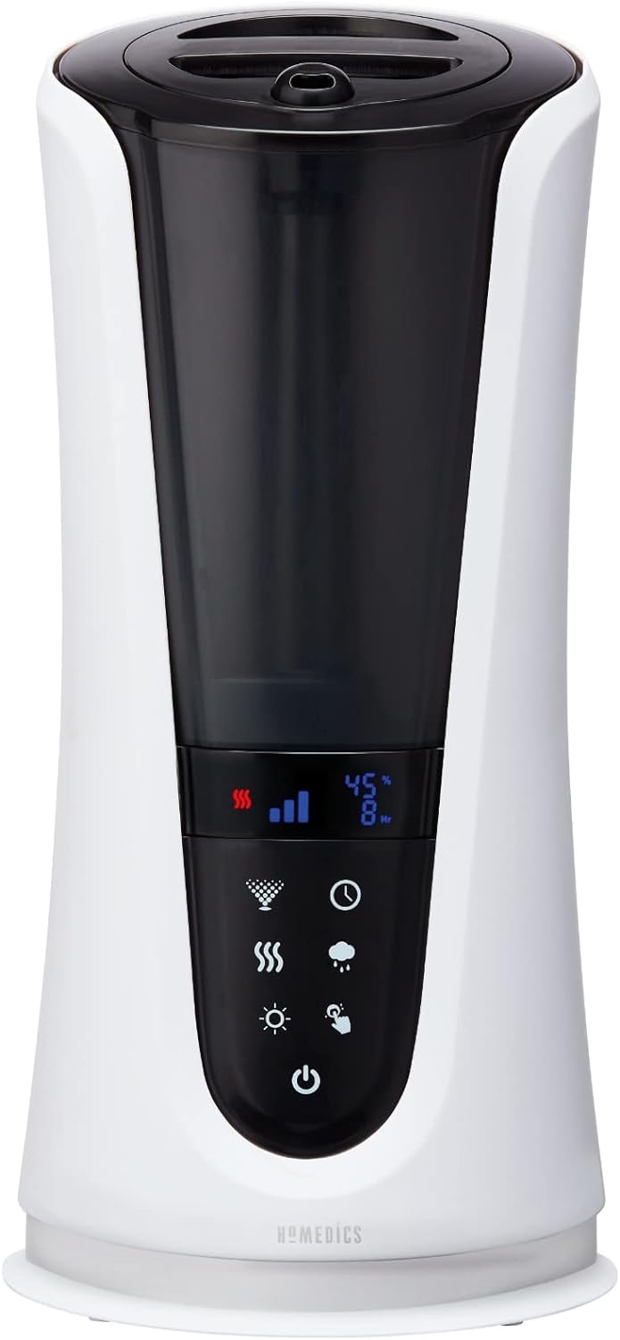 Homedics Ultrasonic Humidifier  Large Deluxe Air Humidifiers for Bedroom, Plants, Office  Cool and Warm Mist Humidifiers, Essential Oil Pads and Built-In Timer, 5 Mist Settings, White and Black