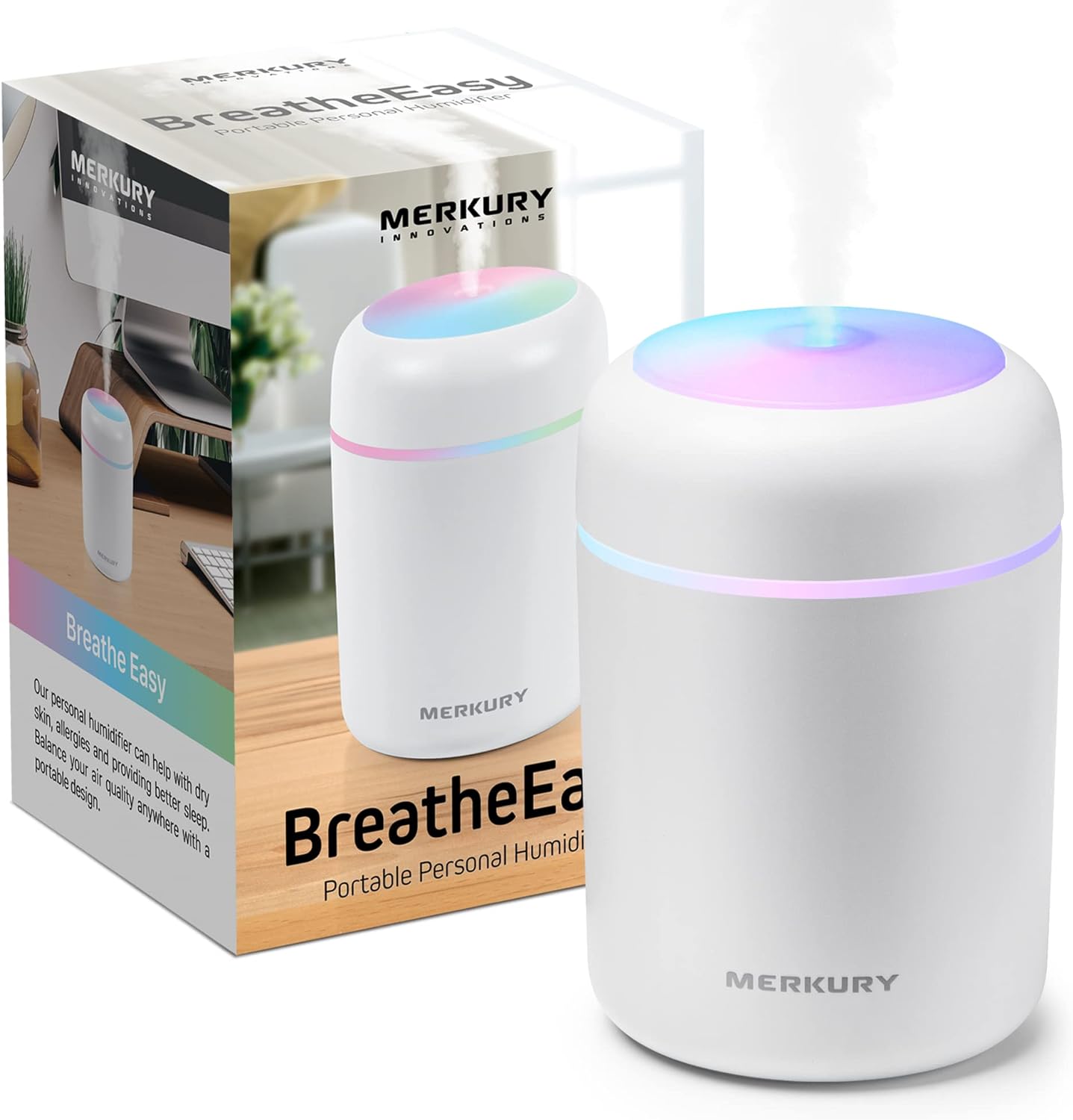 Merkury Innovations Breathe Easy Portable Personal Humidifier, USB Powered, Night Light, Timer Included, For Allergies, Dry Skin and Improved Sleep, White