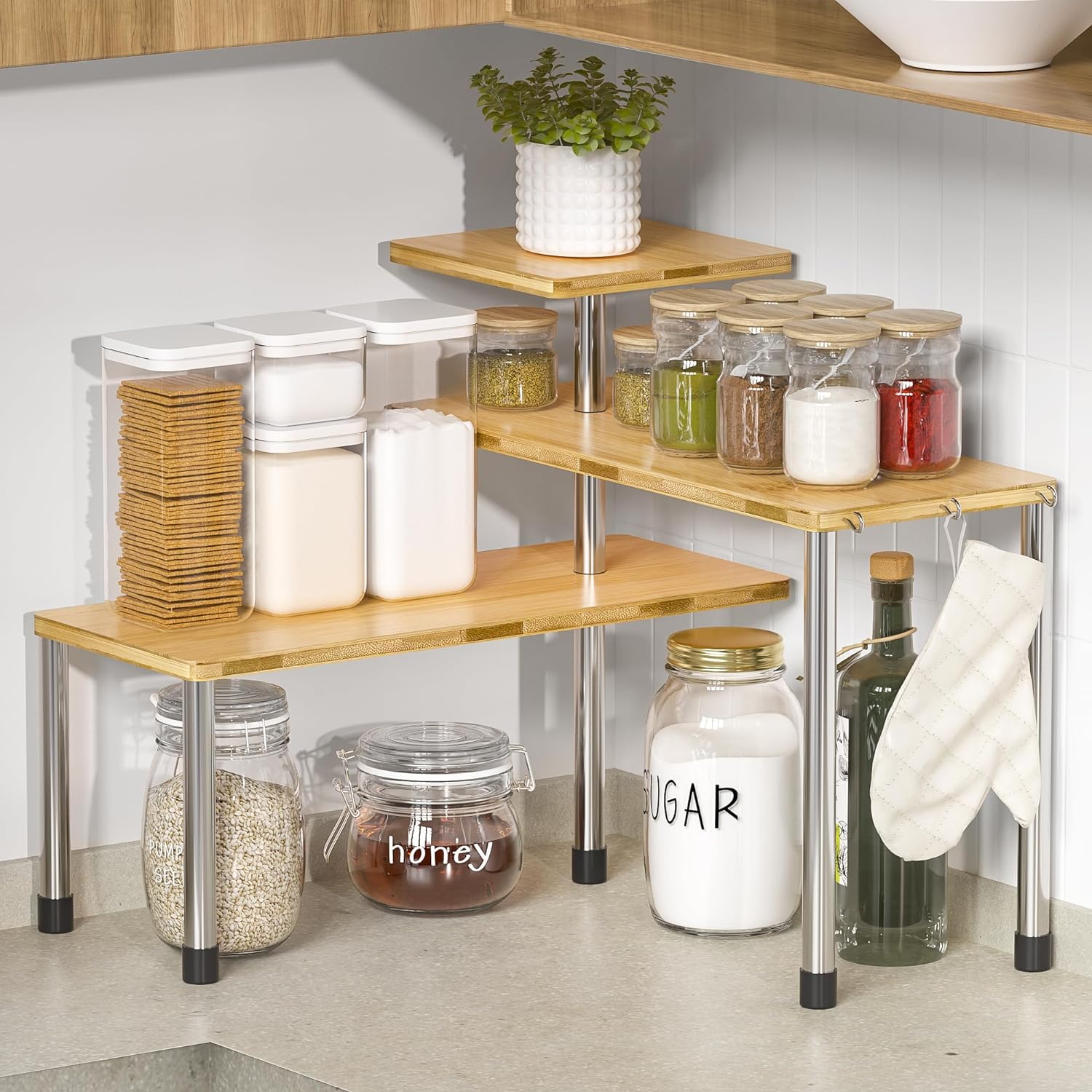 Kitchen Countertop Organizer Corner Shelf - 3 Tier Bamboo Bathroom Organization Counter Shelves Adjustable Plant Stand