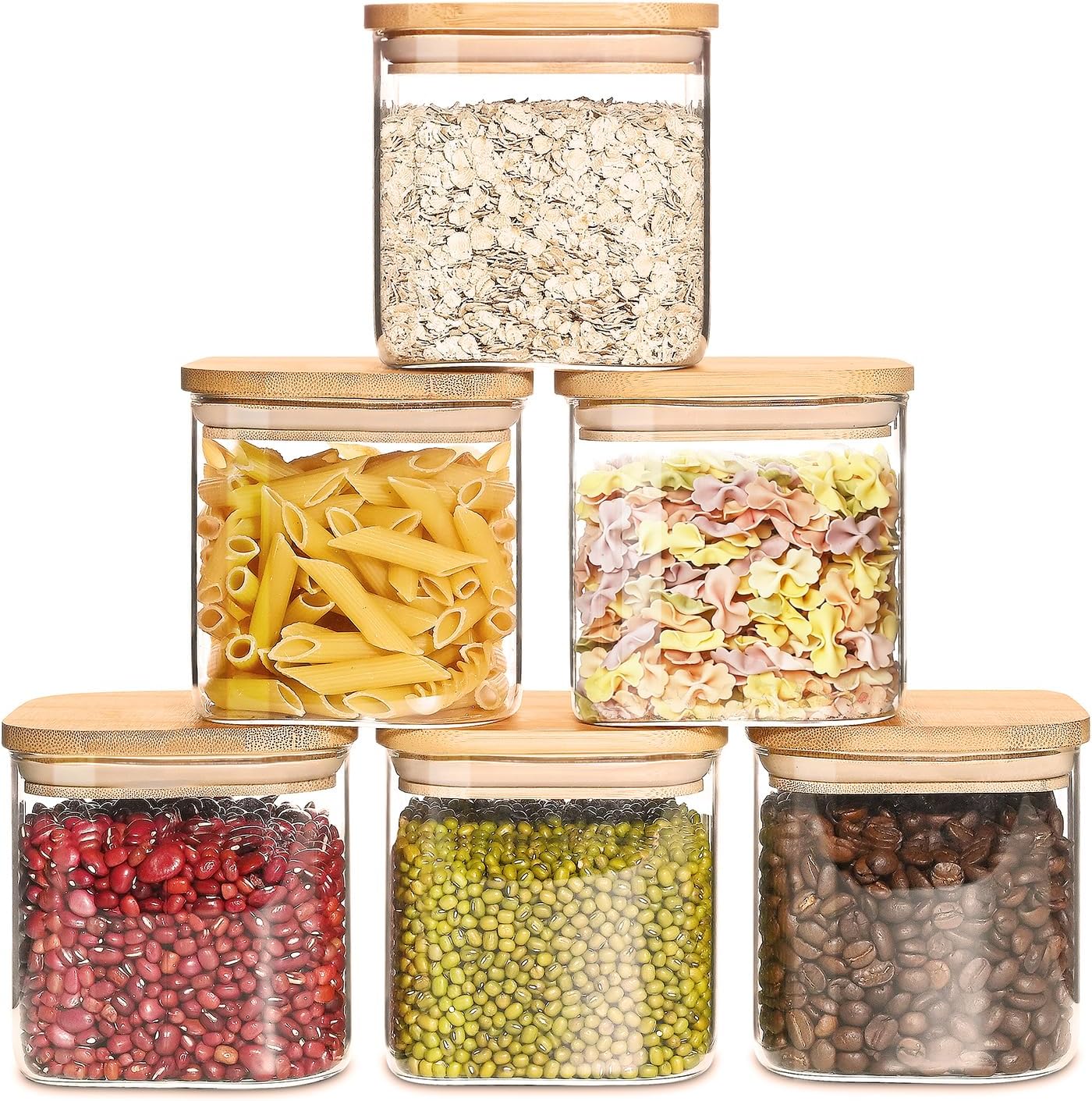 27oz Glass Food Storage Jars with Bamboo Lids, Clear Square Airtight Kitchen Storage Container Sets, Stackable Glass Pantry Food Canisters for kitchen Counter, Candy, Cookie, Rice, Cereal(Set of 6)