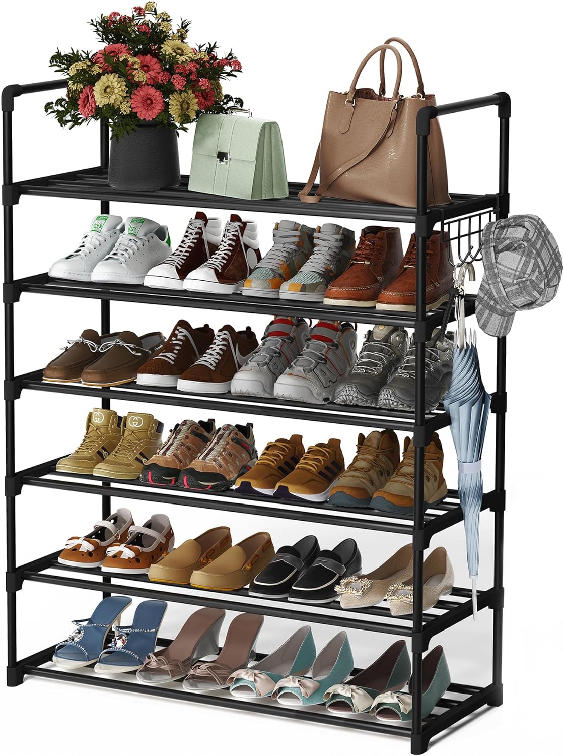 Shoe Organizer, 7 Tiers Metal Shoe Storage Shoe Rack with Hooks, Fit 28-35 Pairs Shoes, Metal Shoe Shelf for Closet, Entryway, Hallway, Bedroom