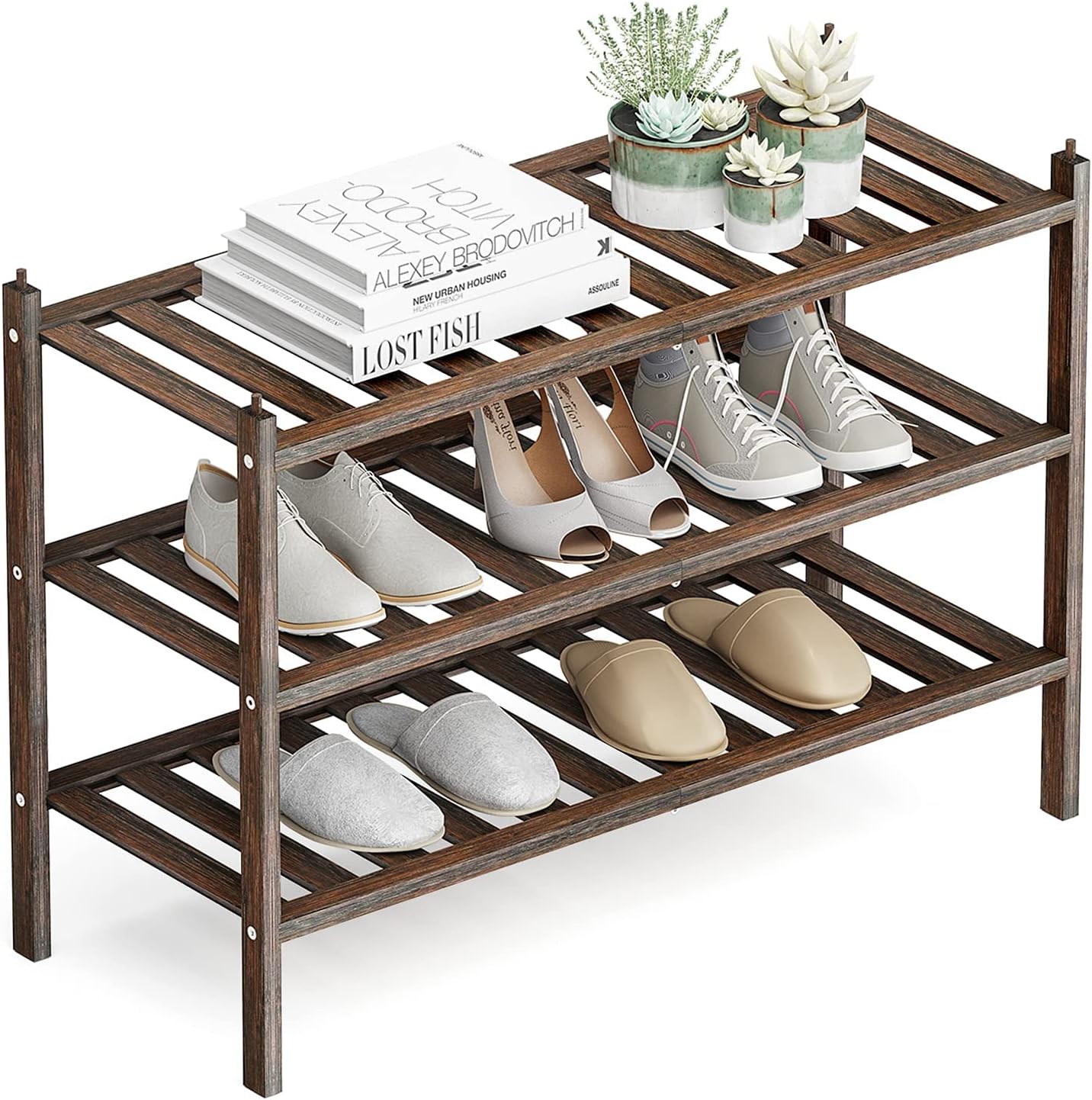 Shoe Rack, 3-Tier Bamboo Stackable Shoe Shelf Storage Organizer, Shoe Stand for Closet, Entryway, Hallway, Bathroom and Living RoomMocha