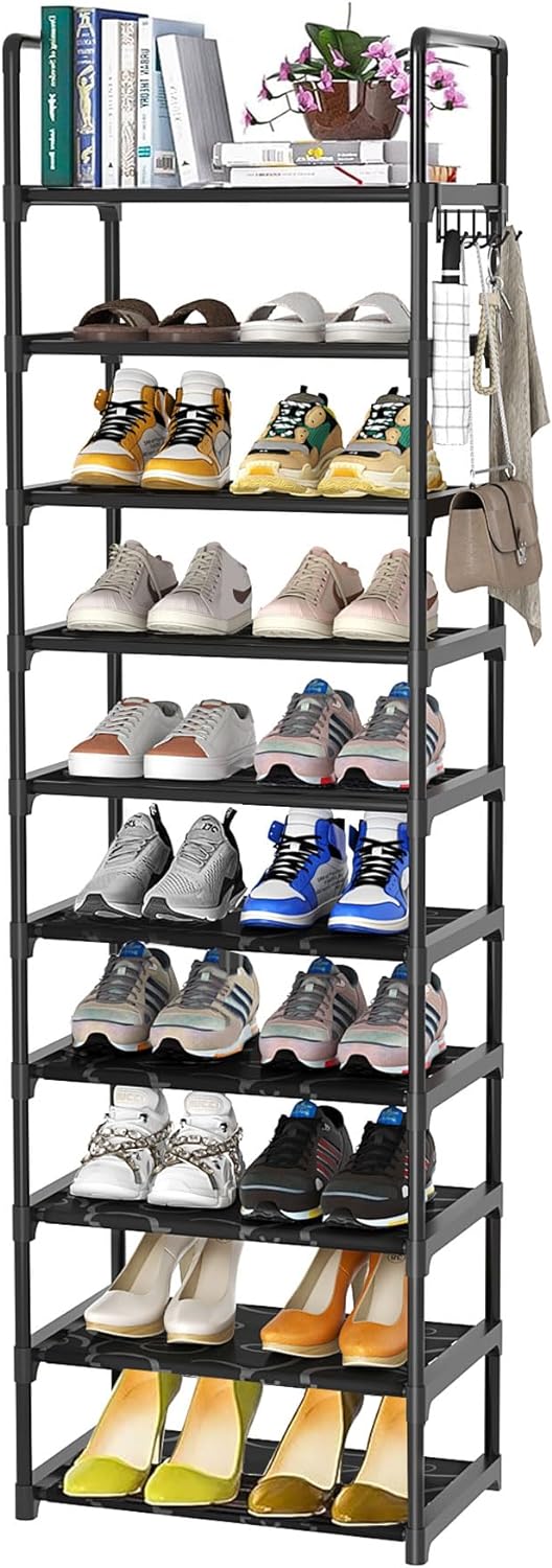 C&AHOME Shoe Rack 10 Tiers Tall Shoe Racks for Closet Entryway 20 25 Pairs Shoe Organizer Storage Shelf Durable Black Metal Stackable Shoe Cabinet with Hooks