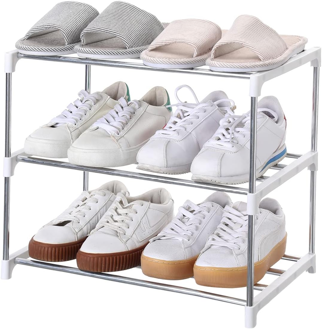 Stackable Small Shoe Rack, Entryway, Hallway and Closet Space Saving Storage and Organization (3-Tier, White)