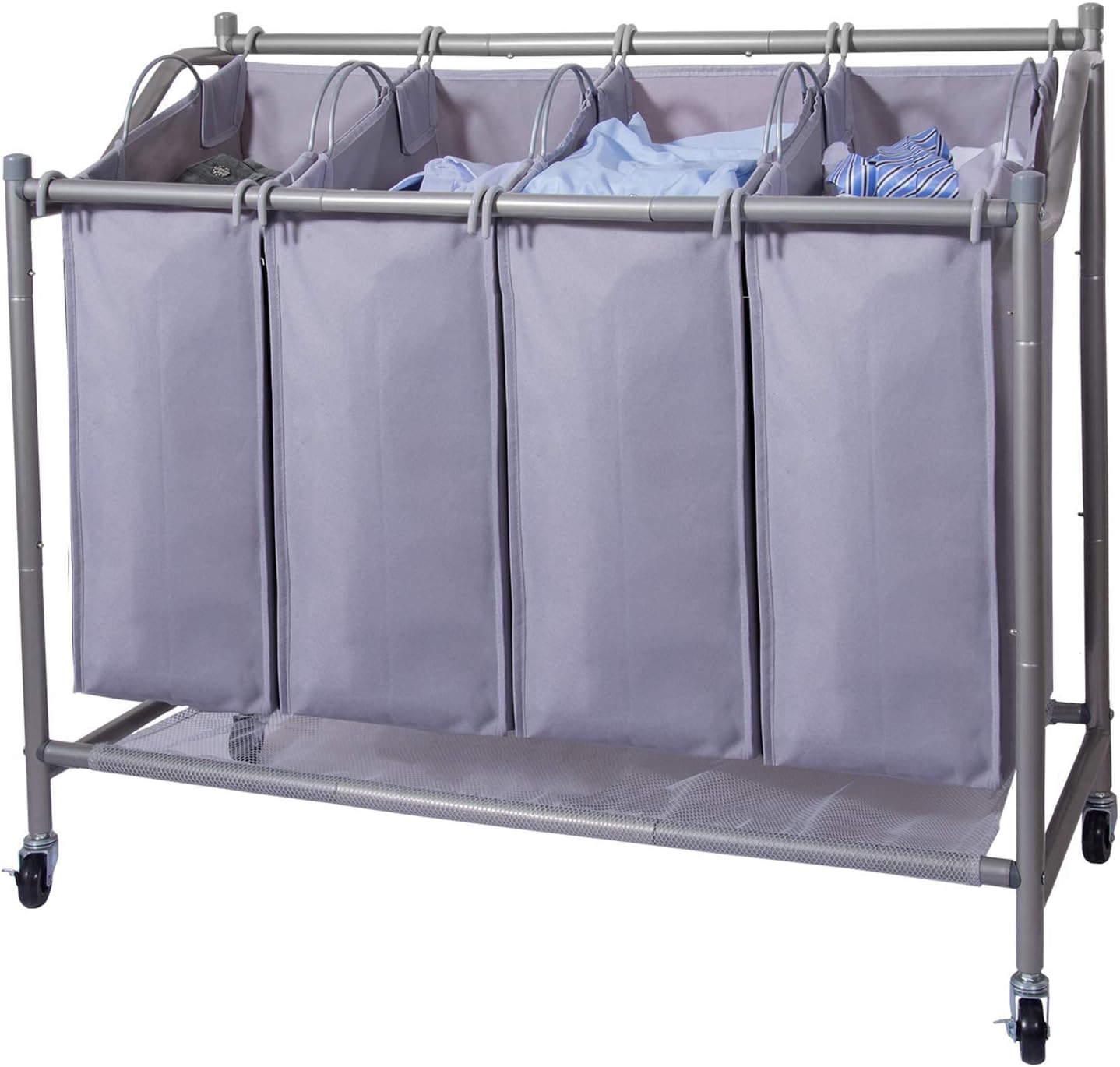 Laundry Sorter Cart 4-Bag Classics Rolling Laundry Hamper, Sturdy Frame with 60KG Weight Capacity, Gray