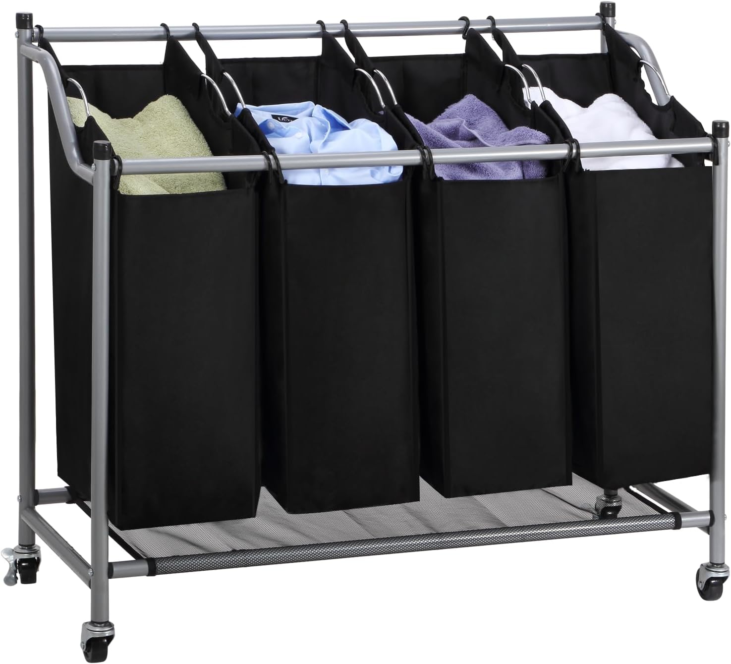 Laundry Sorter Cart 4-Bag Classics Rolling Laundry Hamper, Sturdy Frame with 60KG Weight Capacity, Black