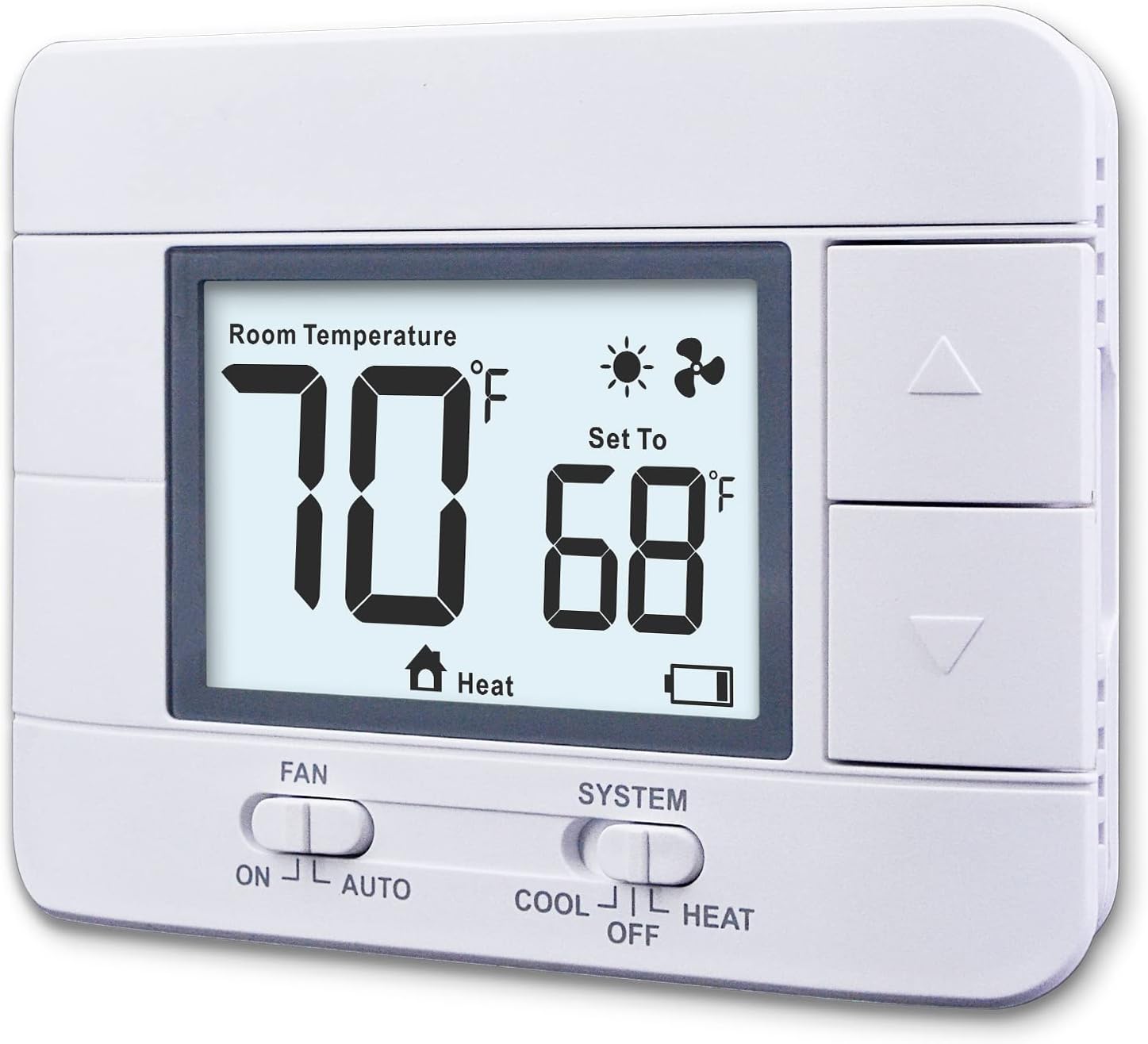 Non Programmable Thermostat for Home 1 Heat/ 1 Cool, with Room Temperature & Humidity Monitor, 5.0 sq. in LCD White Backlit Screen