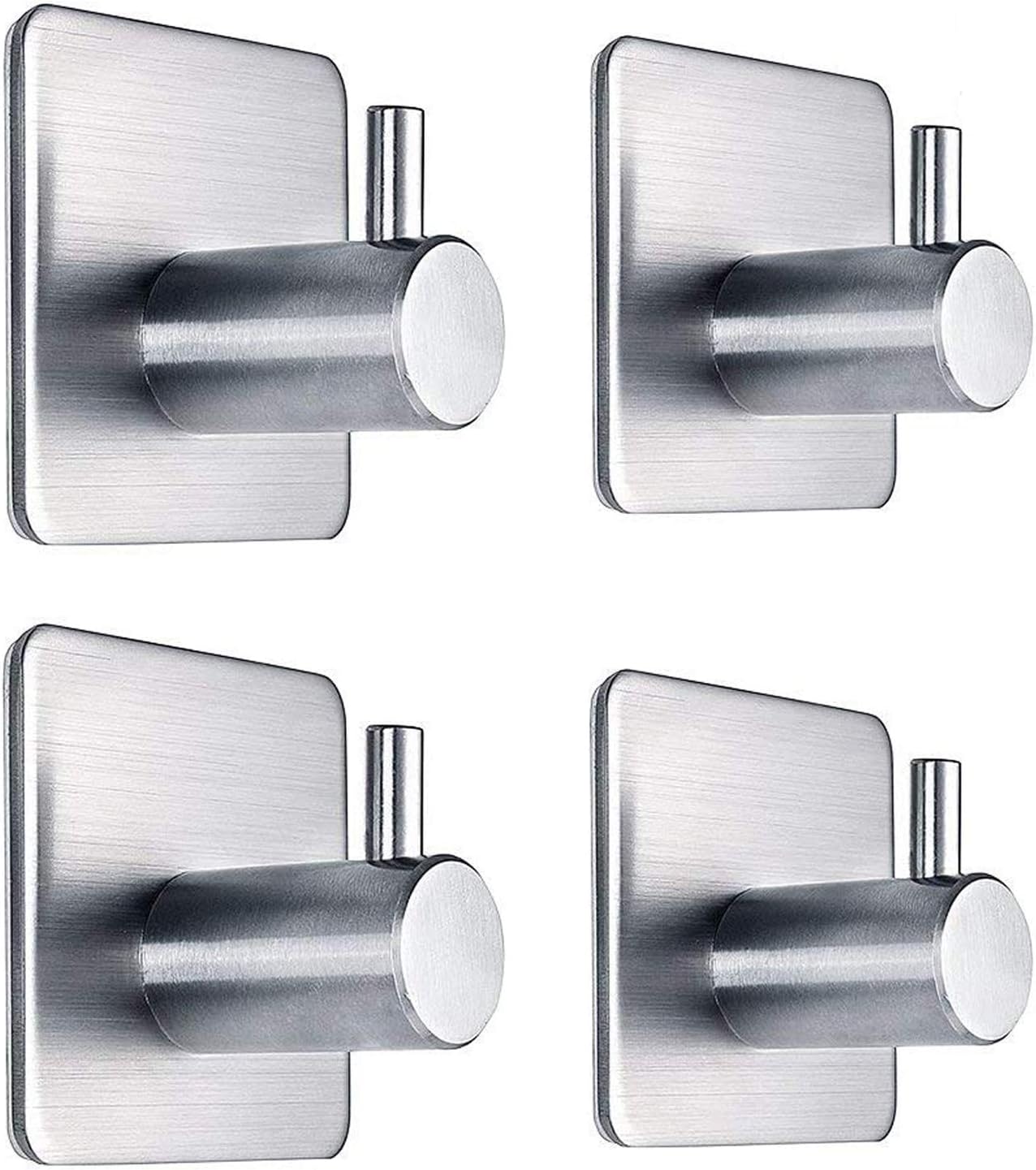 Adhesive Hooks Heavy Duty Wall Hooks Waterproof Stainless Steel Hooks for Hanging Coat, Hat,Towel Robe Hook Rack Wall Mount- Bathroom and Bedroom 4-Packs