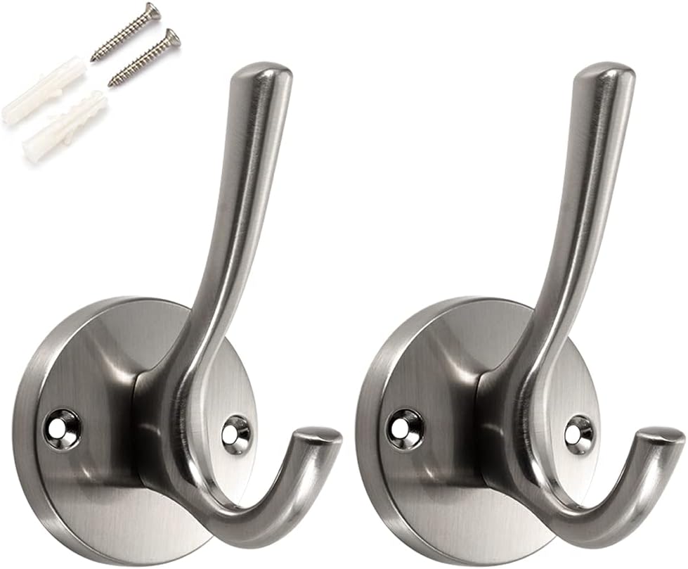 Coat Hooks Brushed Nickel 2 Pack Bathroom Hooks for Wall Robe Hook Decorative Metal Clothes Hooks for Hanging Coats and Hat Hooks Towel Hooks for Bathrooms Coat Hook Double Wall Hooks