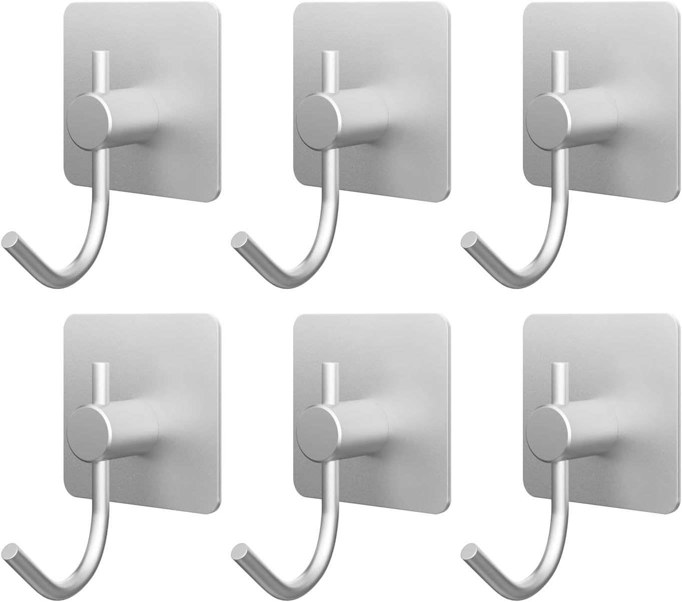 VAEHOLD Adhesive Wall Hooks, Heavy Duty Sticky Holder Waterproof Aluminum Towel Hooks for Hanging Coat, Hat, Towel, Robe, Key, Closet Hook Wall Mount for Kitchen, Bathroom (6, Silver)