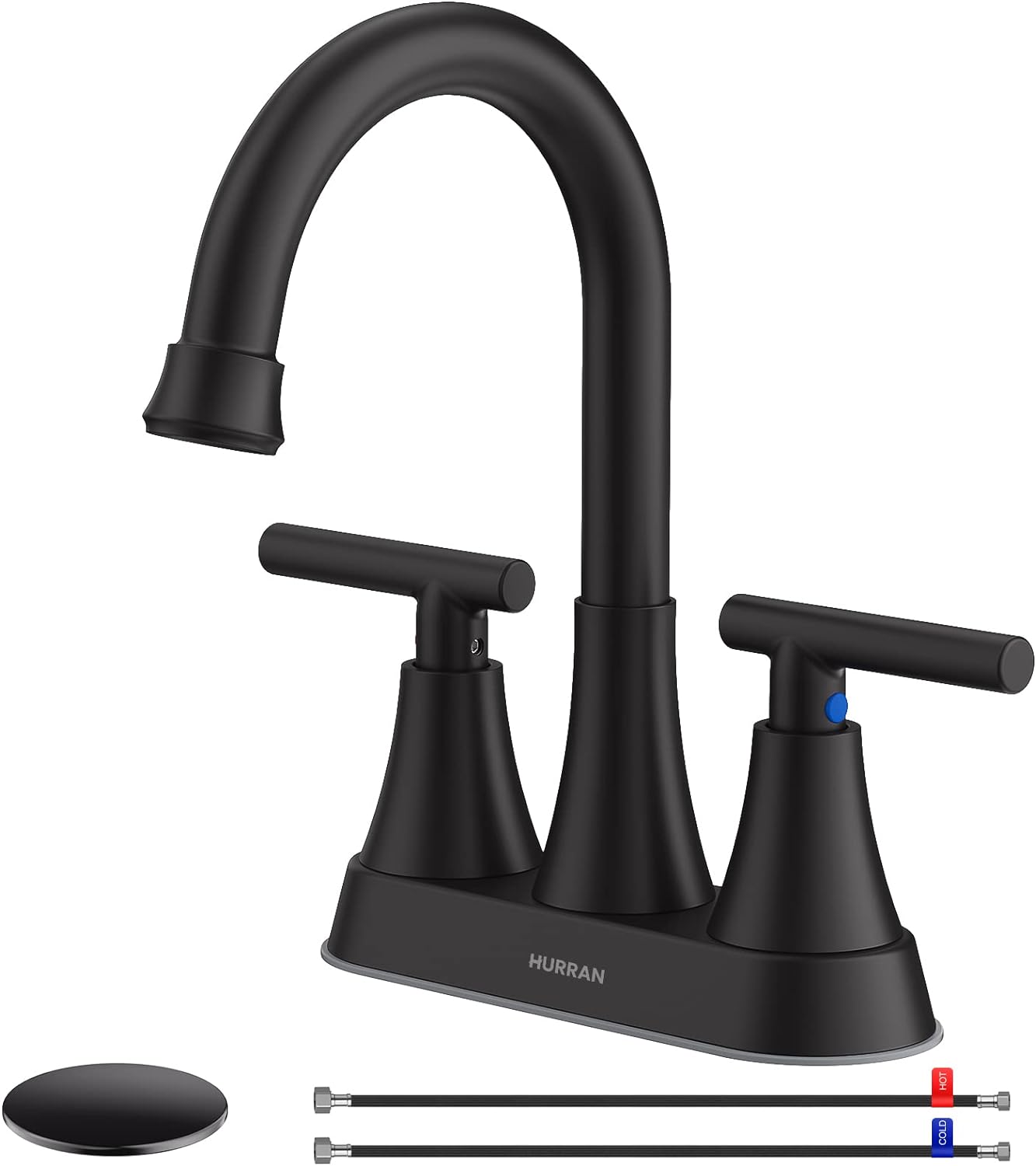 Bathroom Faucets for Sink 3 Hole, Hurran 4 inch Matte Black with Pop-up Drain and 2 Supply Hoses, Stainless Steel Lead-Free 2-Handle Centerset Faucet for Sink Vanity