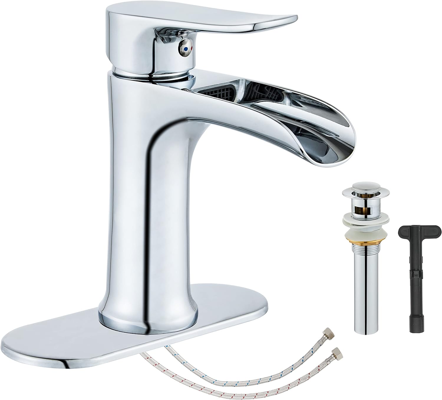 Chrome Bathroom Faucet,Yundoom Waterfall Pop Up Drain Single Handle Bathroom Faucets Sink Silver,Vanity Farmhouse Bathroom Faucet