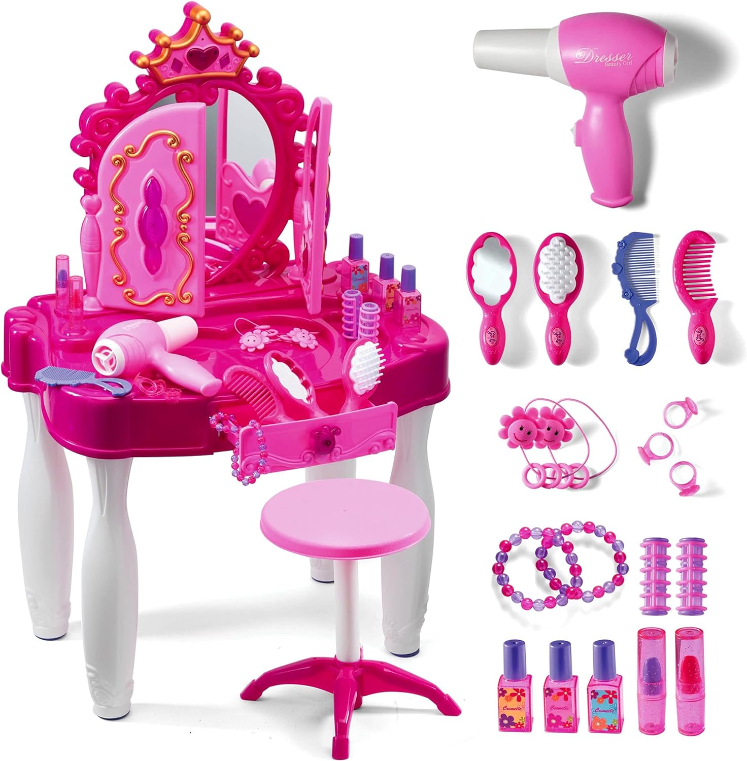 Play22 Pretend Play Girls Vanity Set with Mirror and Stool 21 PCS - Kids Makeup Vanity Table Set with Lights and Sounds - Kids Beauty Salon Set Includes Fashion Hair & Makeup Accessories & Blowdryer