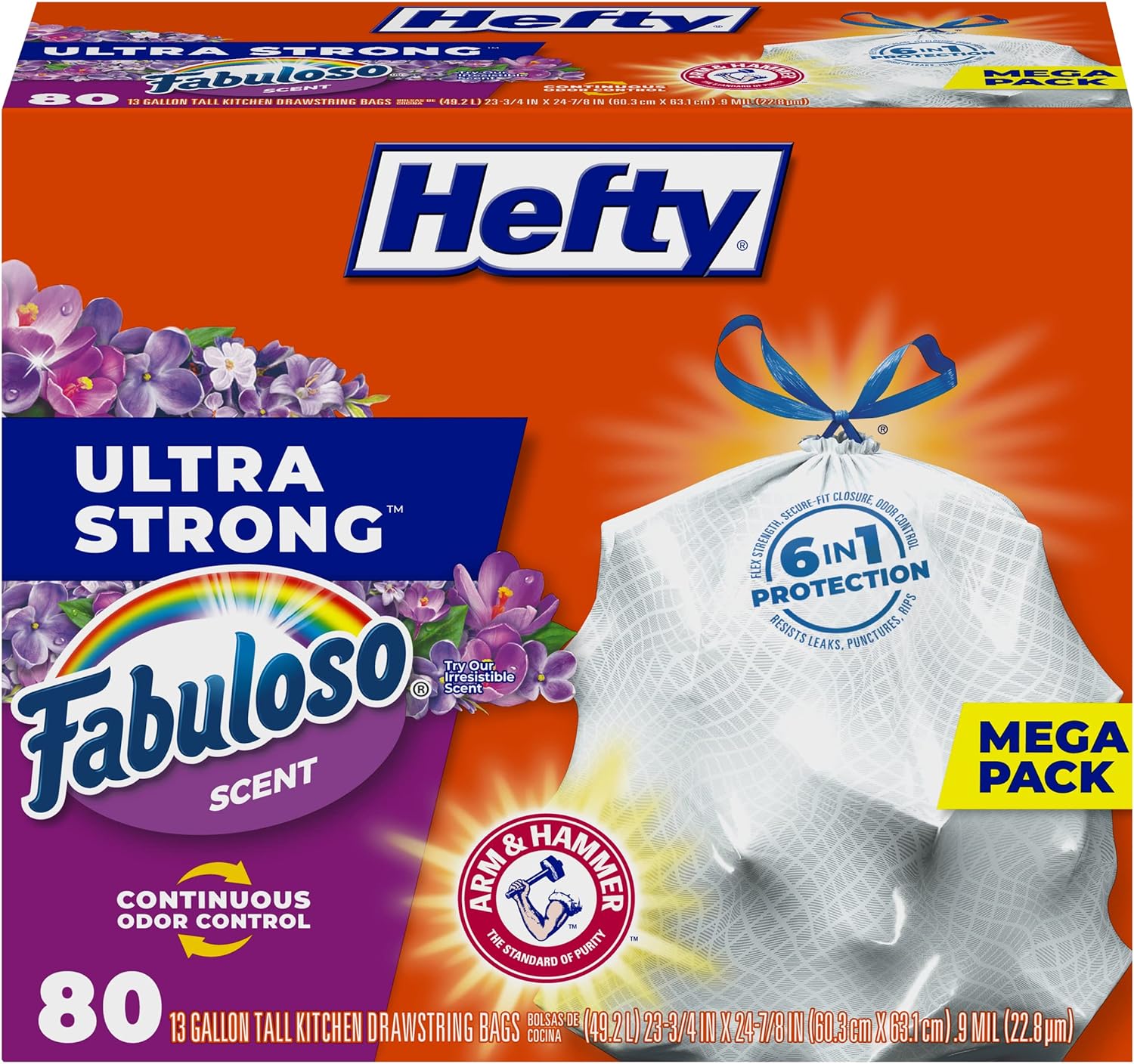 Hefty Ultra Strong Tall Kitchen Trash Bags, Fabuloso Scent, 13 Gallon, 80 Count