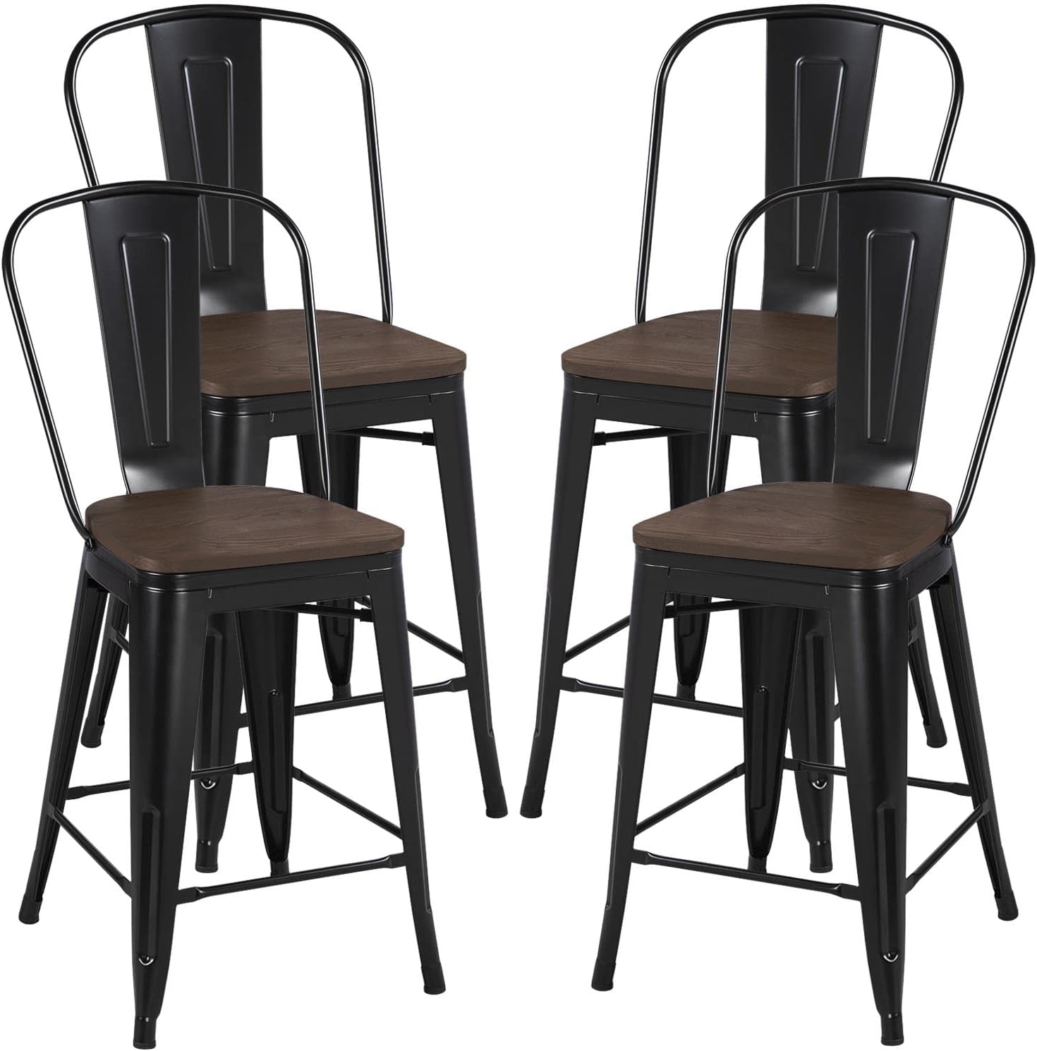 Yaheetech 24Inch Seat Height Dining Stools Chairs with Wood Seat/Top and High Backrest, Industrial Metal Counter Height Stool, Modern Kitchen Dining Bar Chairs Rustic, Black, Set of 4