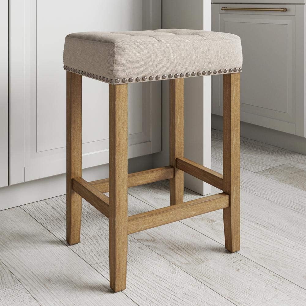 Nathan James Hylie Nailhead Wood Pub-Height Kitchen Counter Bar Stool 24, Natural Flax/Light Brown