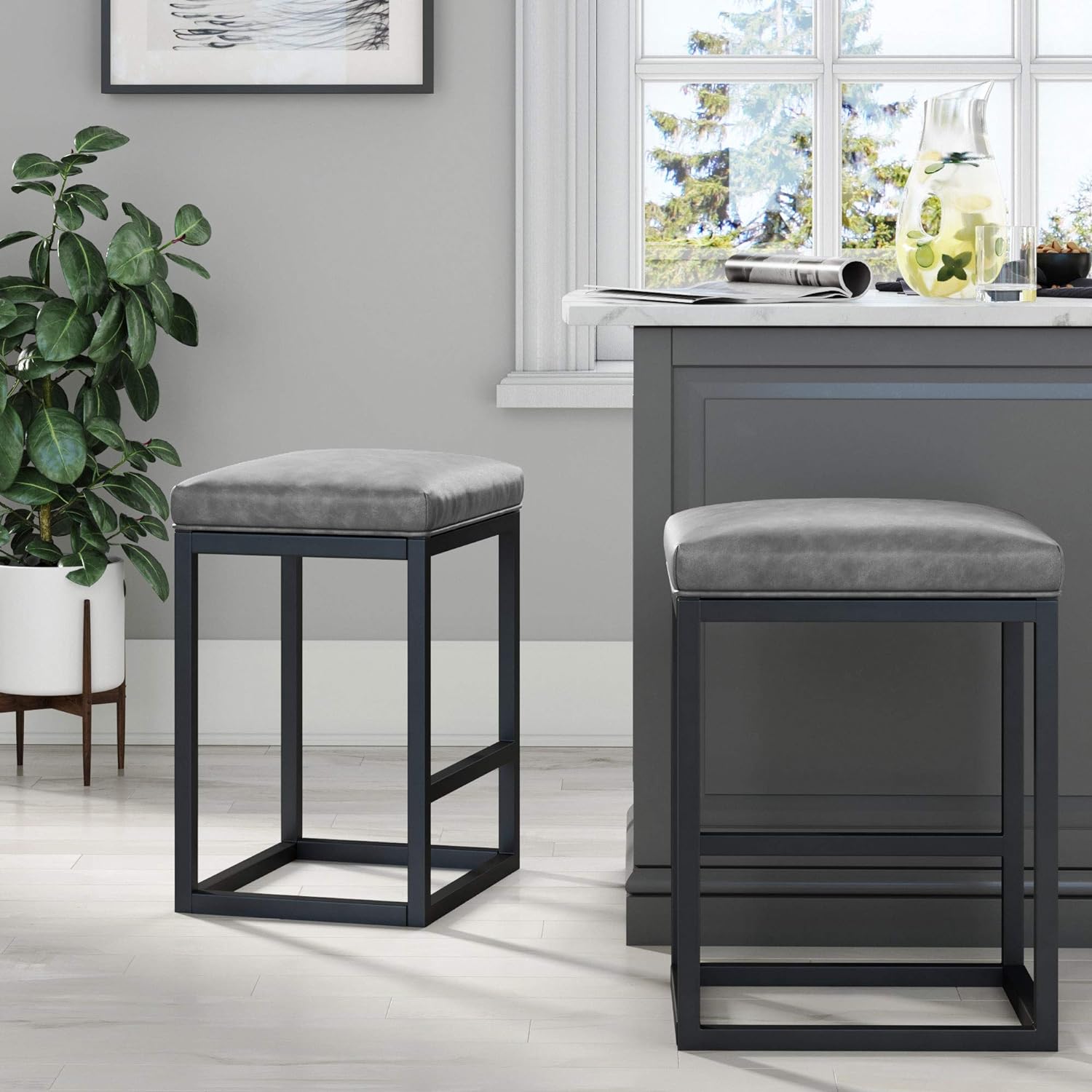 Nathan James Set of 2 Nelson Backless Pub-Height Kitchen Counter Bar Stool with Faux Leather Cushion and Metal Base, 24, Gray/Black