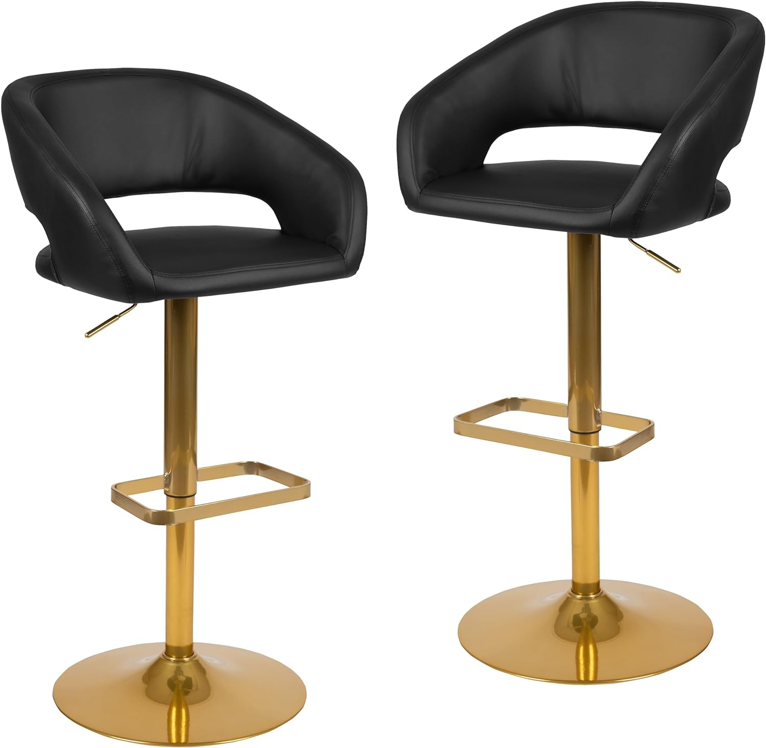 Flash Furniture Erik Comfortable & Stylish Contemporary Barstool with Rounded Mid-Back and Foot Rest, Adjustable Height - Black Vinyl with Gold Base, Set of 2