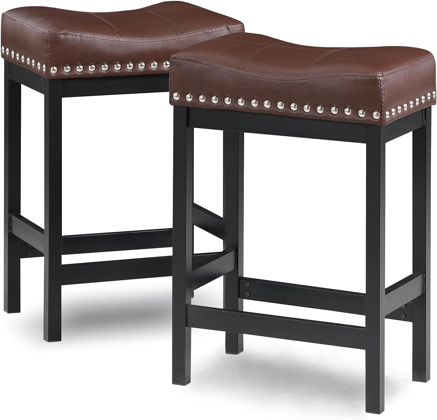 OUllUO Brown Bar Stools Set of 2, 24 in Counter Height Kitchen Stools,Leather Saddle Stools for Kitchen Counter, Industrial Backless Barstools with Nailhead for Island, Dining,Pub, Black Metal,918BR