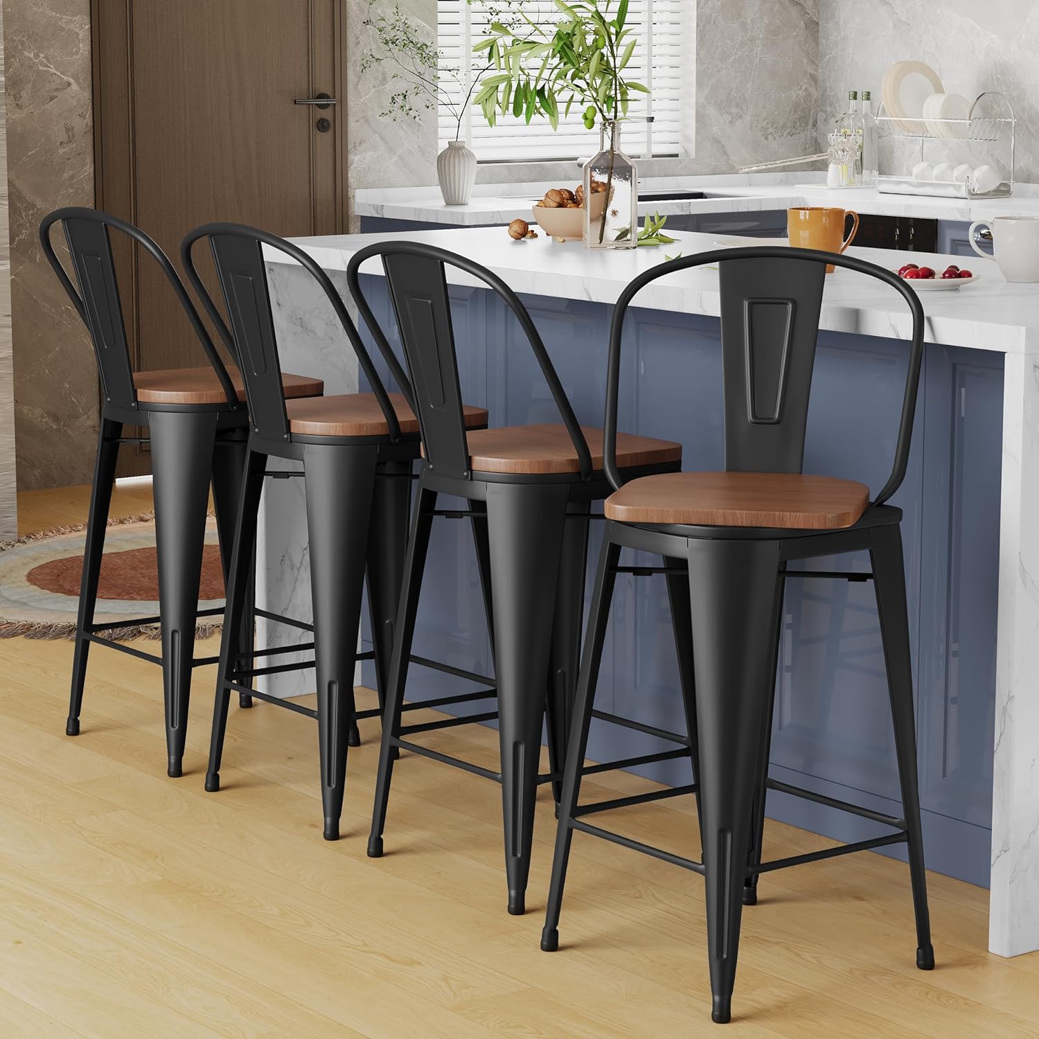 Alunaune 30 Swivel Metal Bar Stools Set of 4 High Back Counter Height Barstools Industrial Dining Bar Chairs with Large Wooden Seat-Matte Black