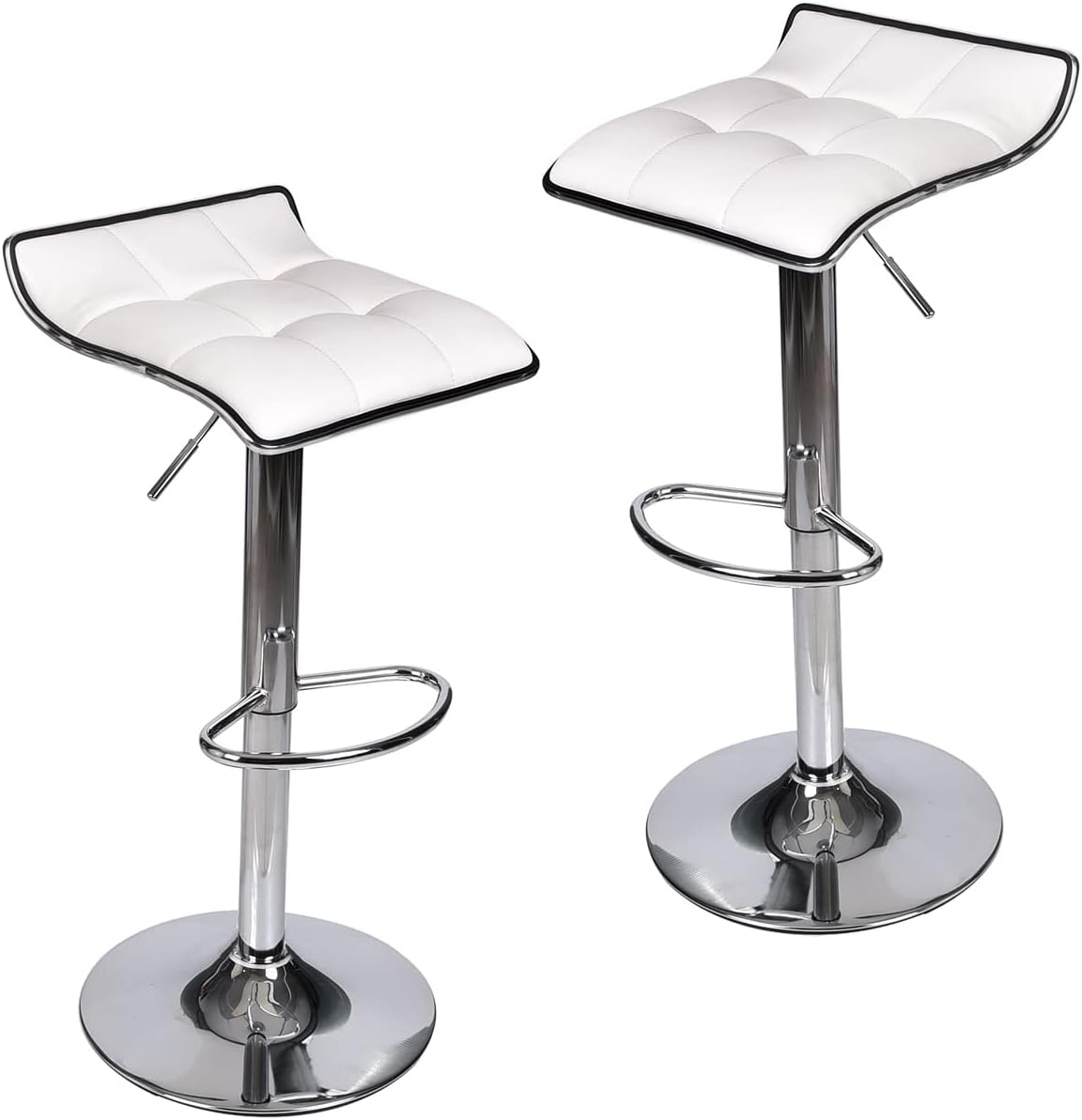 Puluomis Set of 2 Barstool, Adjustable Swivel Gas Lift Bar Stools, PU Leather with Chrome Base, White