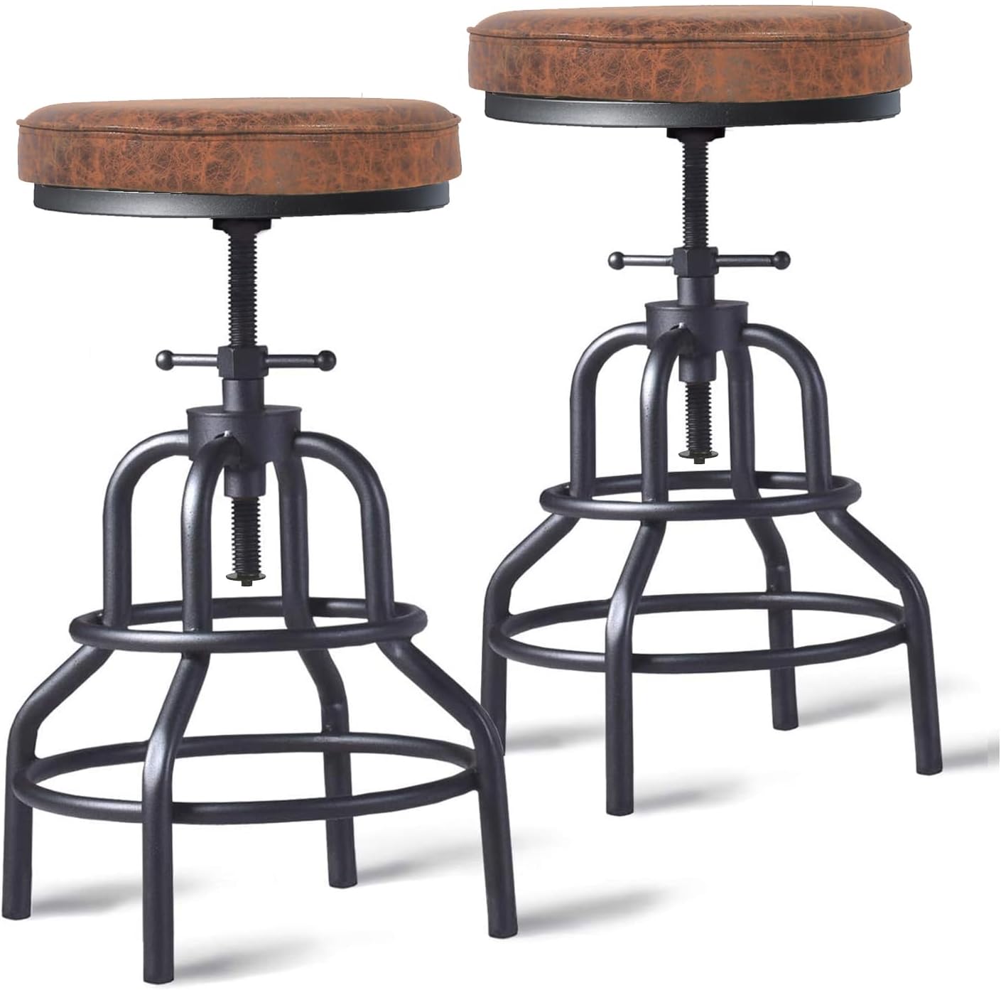 LOKKHAN Industrial Bar Stools-Swivel Leather Metal Bar Stool-20-27 Inch Tall Counter Height-Adjustable Kitchen Stool Dining Chair Cafe Stools (Set of 2)