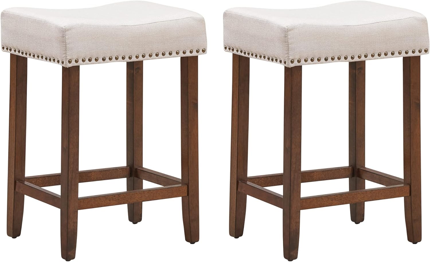 ERGOMASTER Counter Height Bar Stools Set of 2 Backless Fabric Barstools 24-Inch Modern Wood Saddle Bar Stools with Nailhead Trim for Kitchen Island Counter Tabel - Beige/Brown,2-Pack