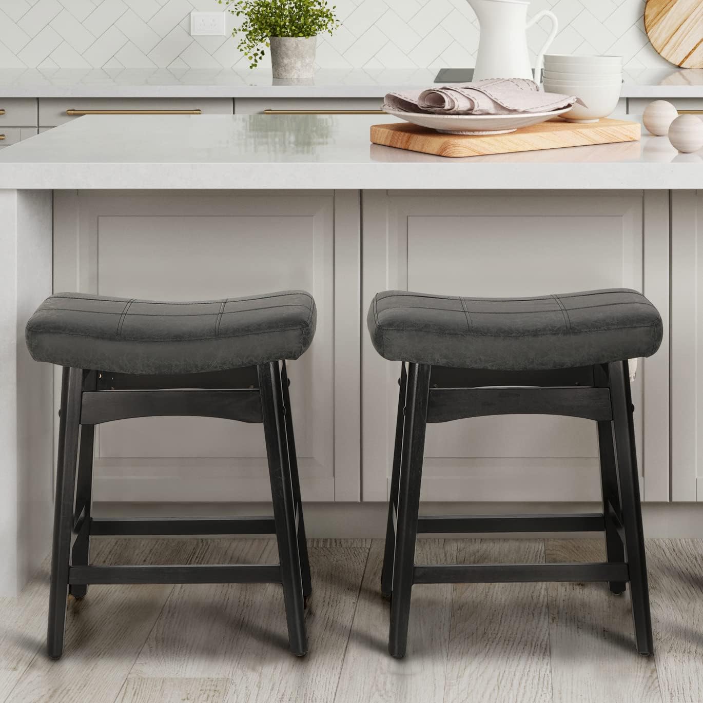 MAISON ARTS Black Counter Height Bar Stools Set of 2 for Kitchen Counter Solid Wood Legs with Faux Leather Saddle Seat Farmhouse Barstools for 34-38 Counter Island Upholstered Stools, 24in Height