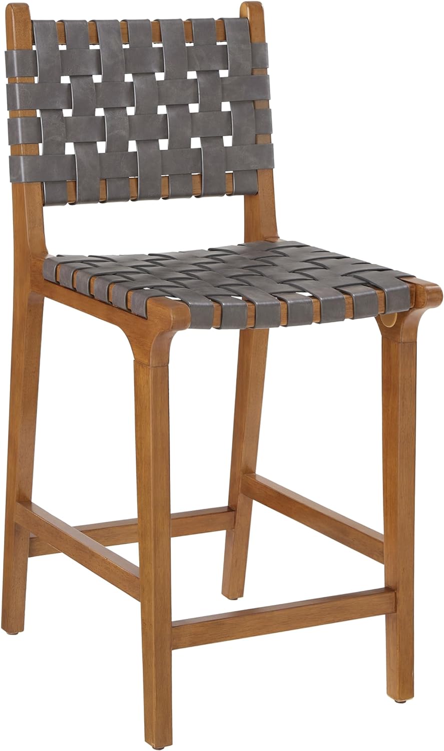 Ball & Cast Faux Leather Woven Counter Height Stool Kitchen Wooden Barstools, 24 inch Seat Height, Dark Grey