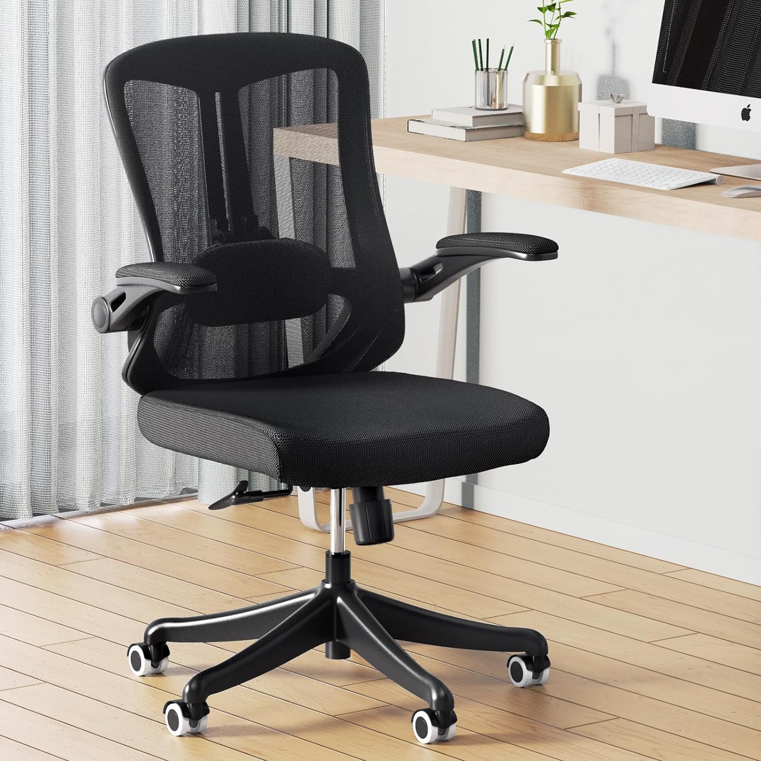 Office Chair, Ergonomic Chair Home Office Desk Chairs, Breathable Mid-Back Comfortable Mesh Computer Chair with PU Silent Wheels, Flip-up Armrests, Tilt Function, Lumbar Support (Onyx Black)