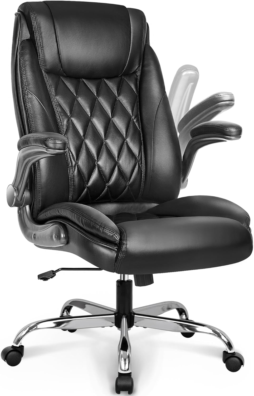 NEO CHAIR Office Chair Computer High Back Adjustable Flip-up Armrests Ergonomic Desk Chair Executive Diamond-Stitched PU Leather Swivel Task Chair with Armrests Lumbar Support (Black)