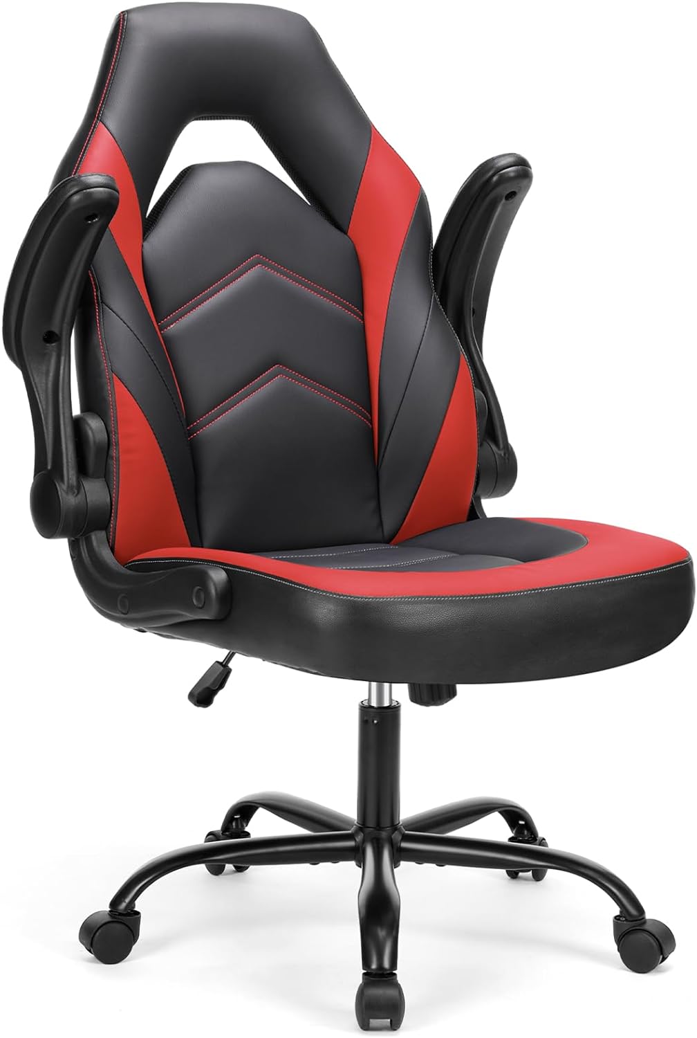 Sweetcrispy Computer Gaming Desk Chair - Ergonomic Office Executive Adjustable Swivel Task PU Leather Racing Chair with Flip-up Armrest for Adults, Kids, Men, Girls, Gamer, Black Red