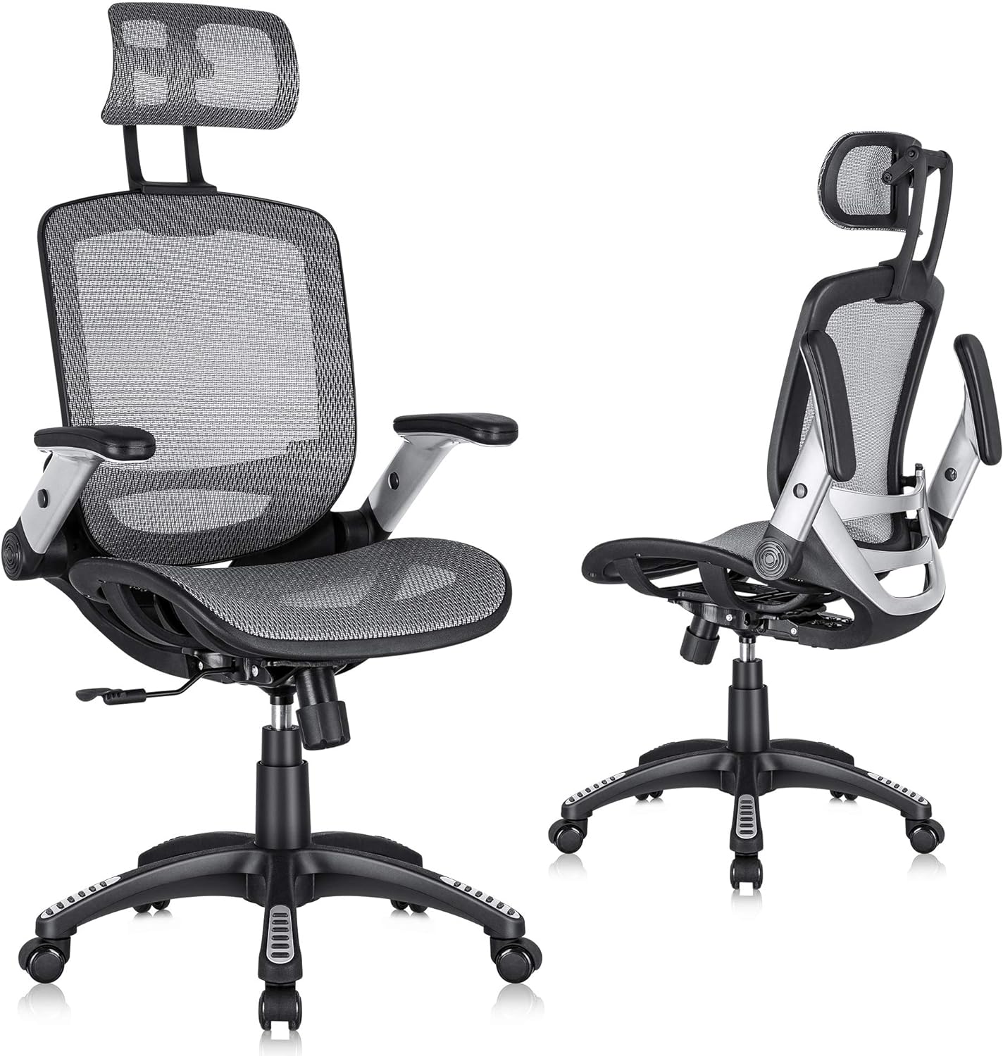 GABRYLLY Ergonomic Mesh Office Chair, High Back Desk Chair - Adjustable Headrest with Flip-Up Arms, Tilt Function, Lumbar Support and PU Wheels, Swivel Computer Task Chair, Grey